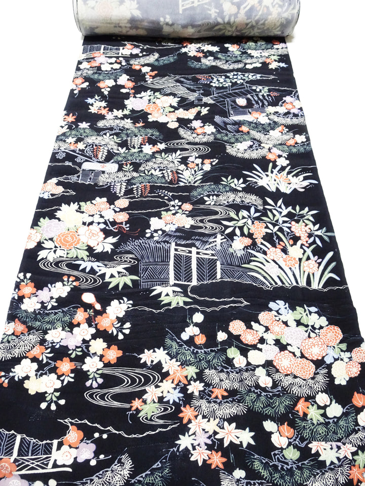 Japanese Antique Rayon Kimono Fabric Bolt Black Background with Flowing Water and Floral Pattern 18094