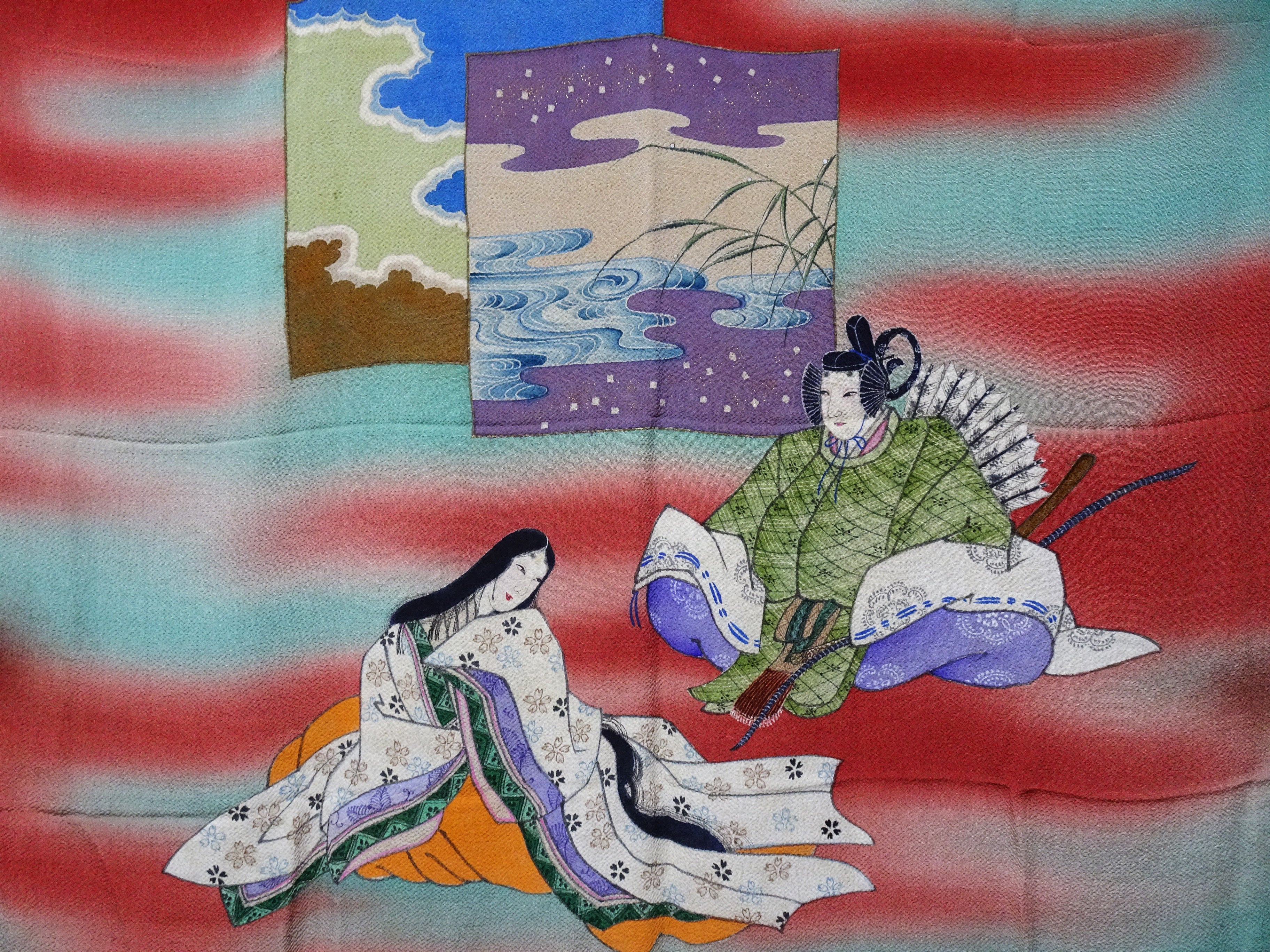Japanese Vintage Showa Era Celebratory Large Furoshiki with Tale of Genji Design on Oni-Shibo Chirimen Silk  16345