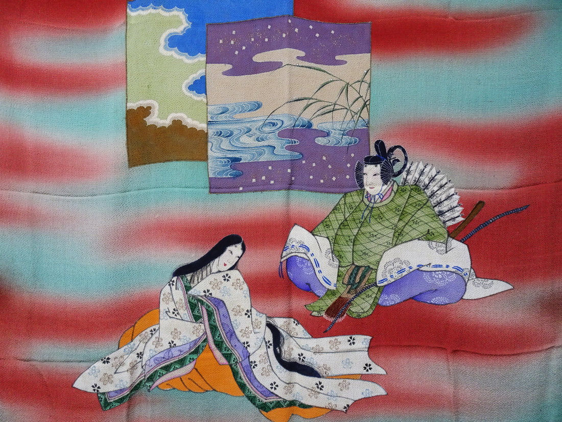 Japanese Vintage Showa Era Celebratory Large Furoshiki with Tale of Genji Design on Oni-Shibo Chirimen Silk  16345