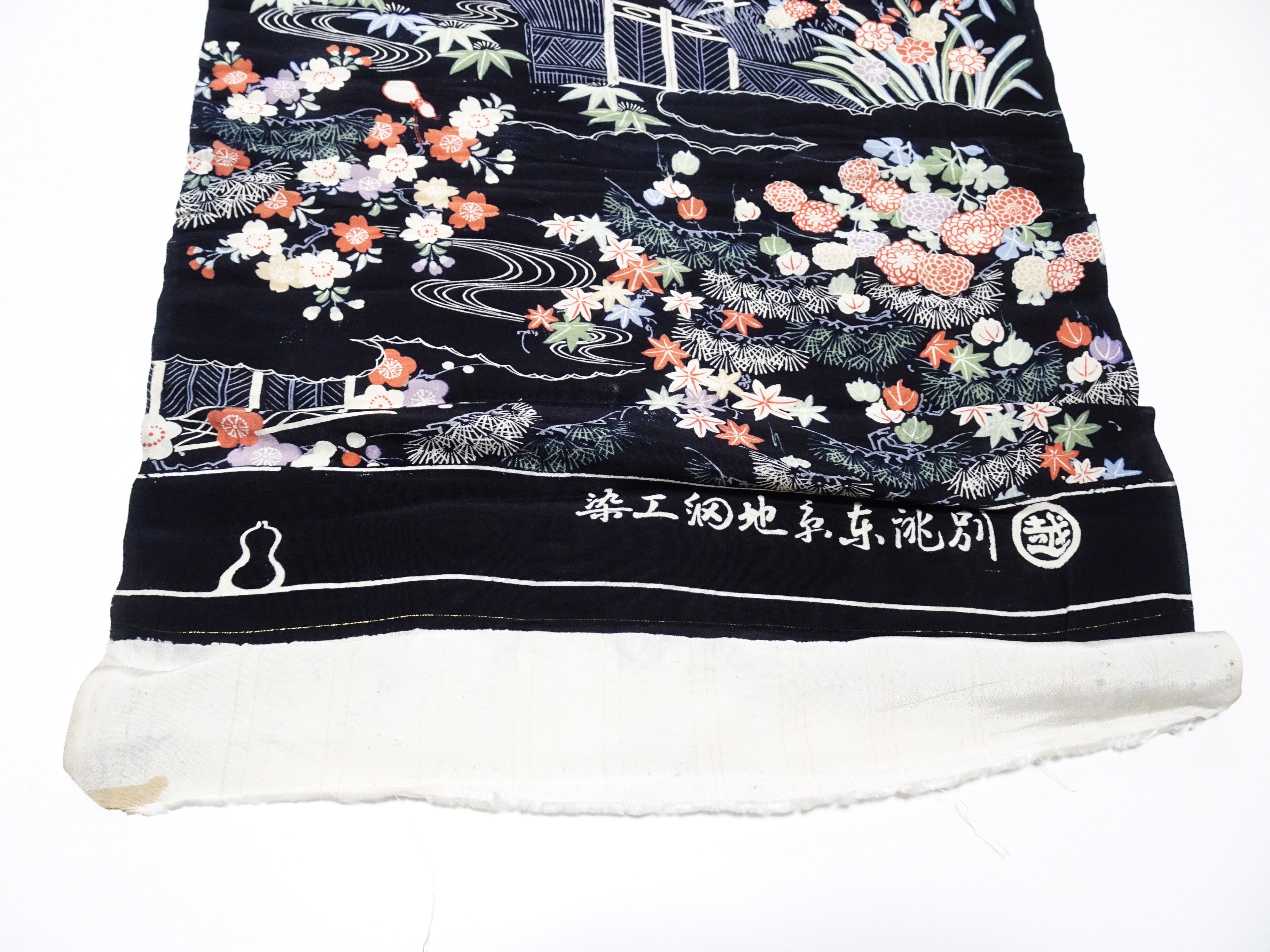 Japanese Antique Rayon Kimono Fabric Bolt Black Background with Flowing Water and Floral Pattern 18094