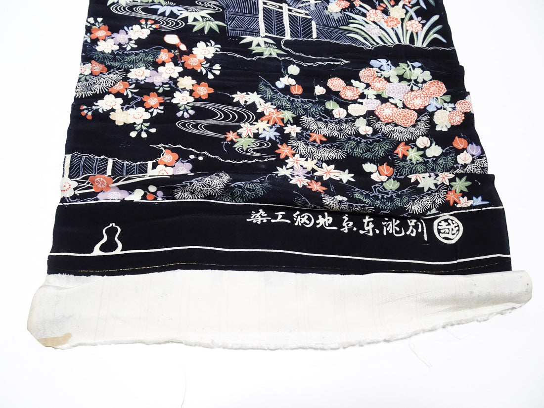 Japanese Antique Rayon Kimono Fabric Bolt Black Background with Flowing Water and Floral Pattern 18094