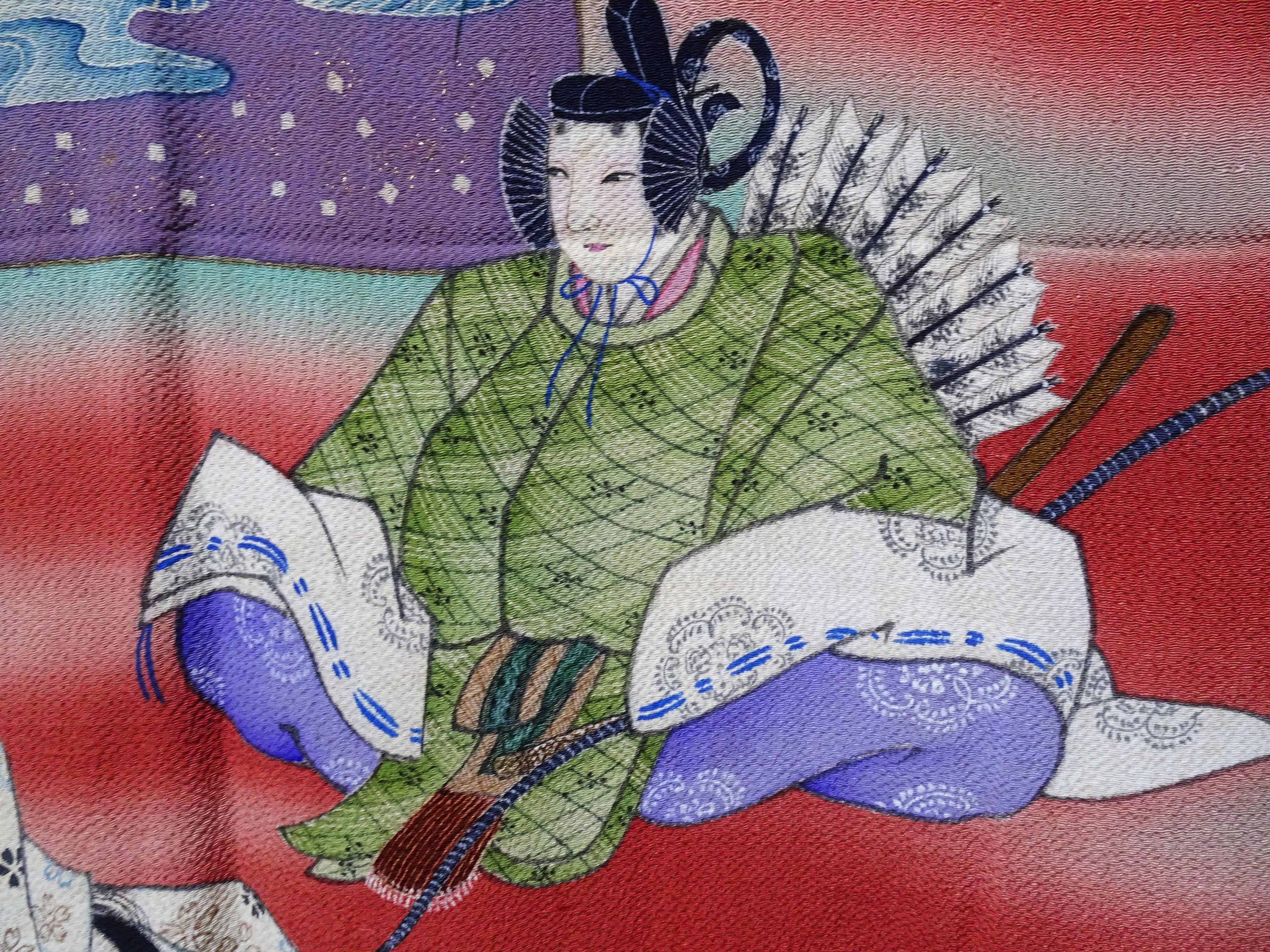 Japanese Vintage Showa Era Celebratory Large Furoshiki with Tale of Genji Design on Oni-Shibo Chirimen Silk  16345
