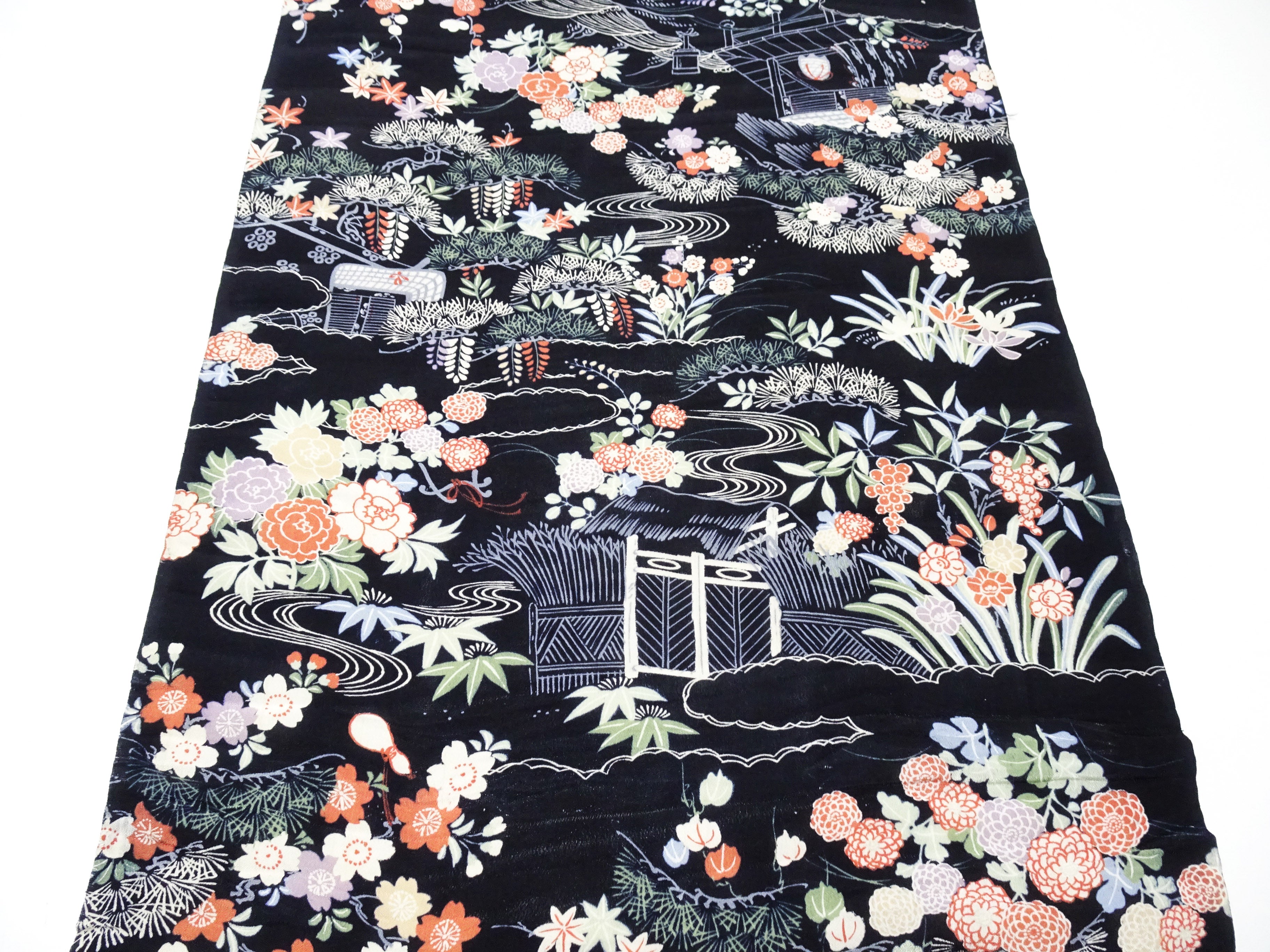 Japanese Antique Rayon Kimono Fabric Bolt Black Background with Flowing Water and Floral Pattern 18094