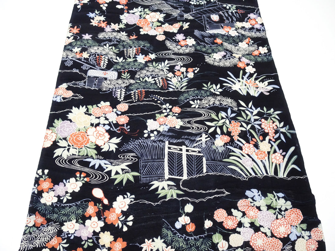 Japanese Antique Rayon Kimono Fabric Bolt Black Background with Flowing Water and Floral Pattern 18094