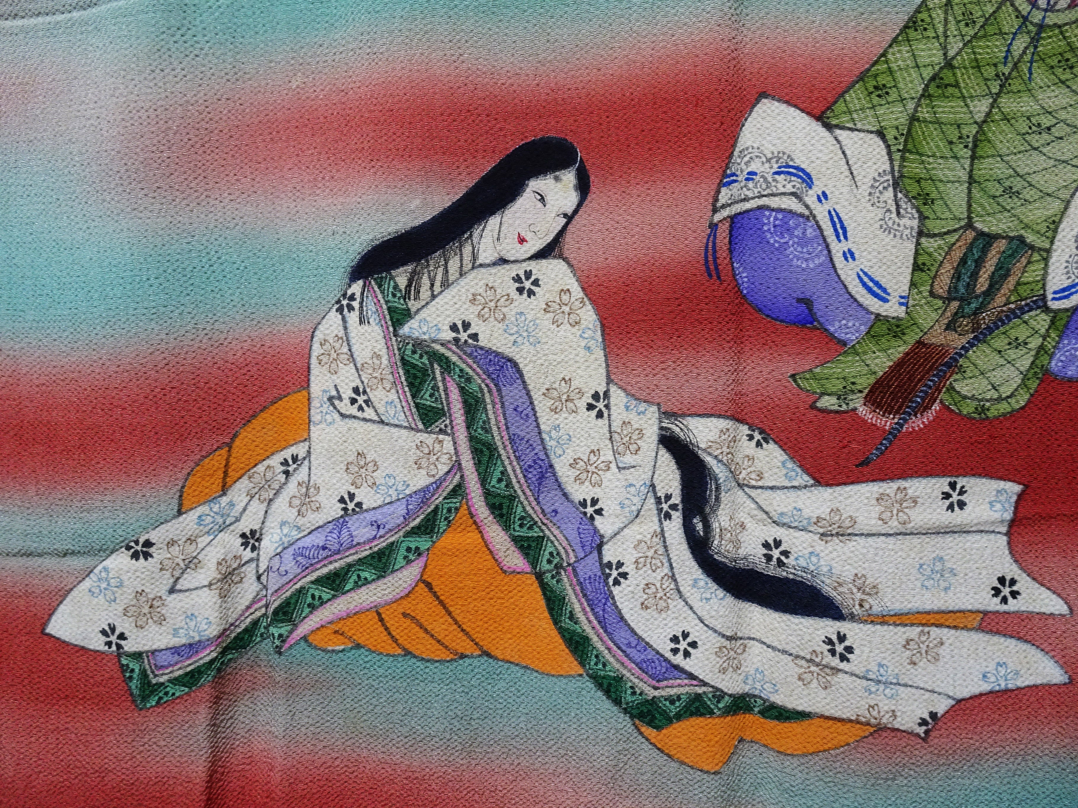 Japanese Vintage Showa Era Celebratory Large Furoshiki with Tale of Genji Design on Oni-Shibo Chirimen Silk  16345