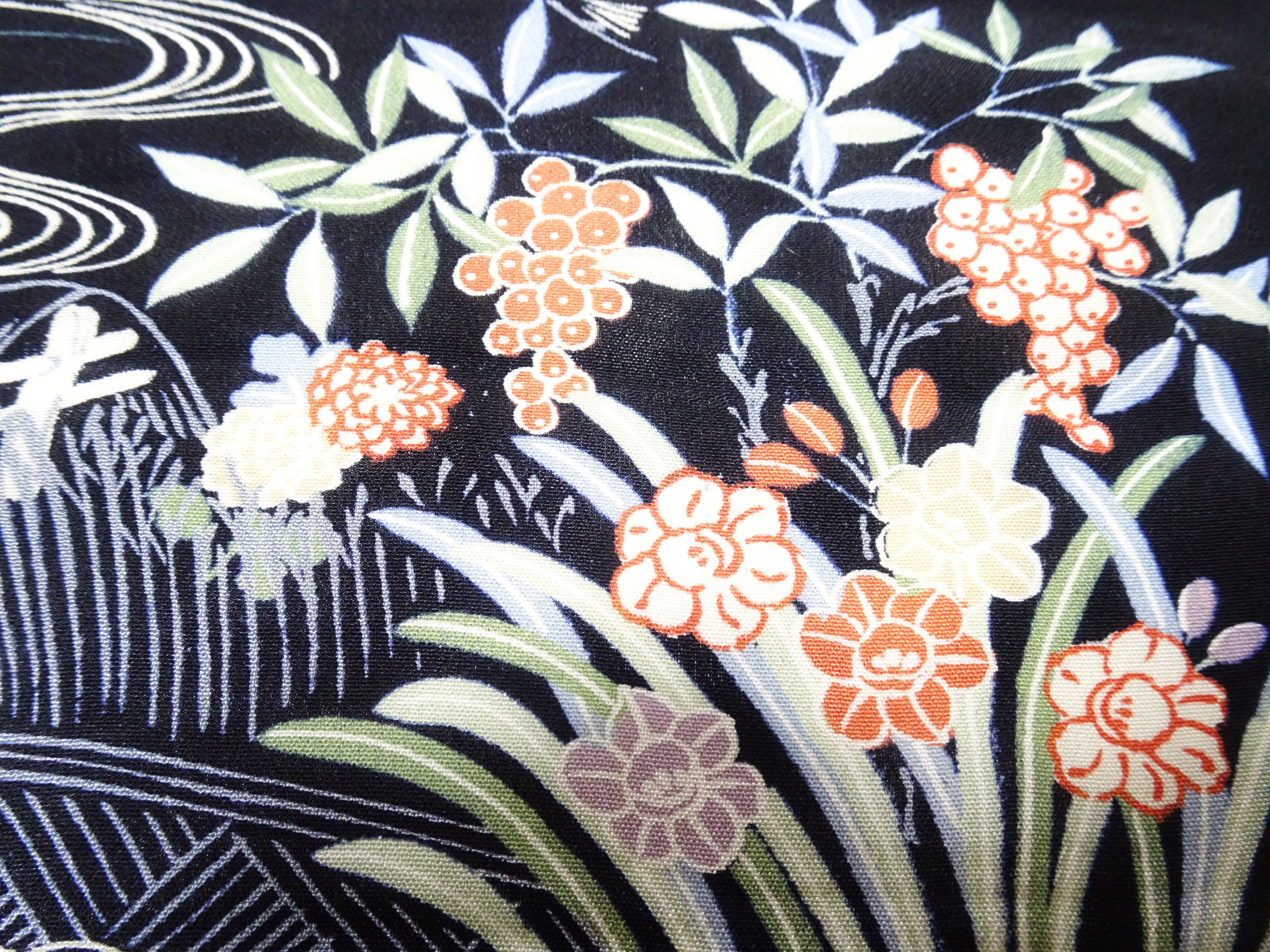 Japanese Antique Rayon Kimono Fabric Bolt Black Background with Flowing Water and Floral Pattern 18094