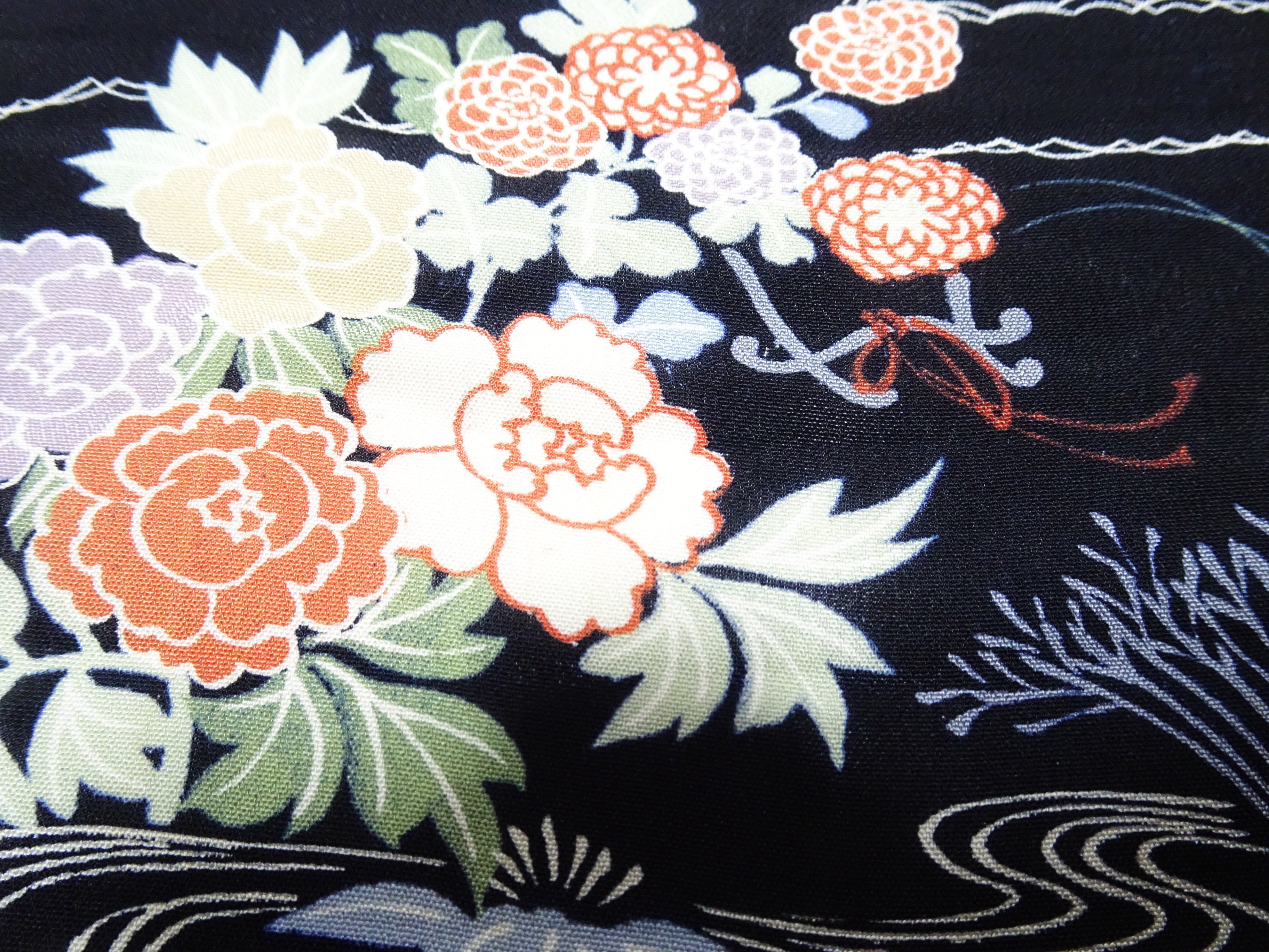 Japanese Antique Rayon Kimono Fabric Bolt Black Background with Flowing Water and Floral Pattern 18094