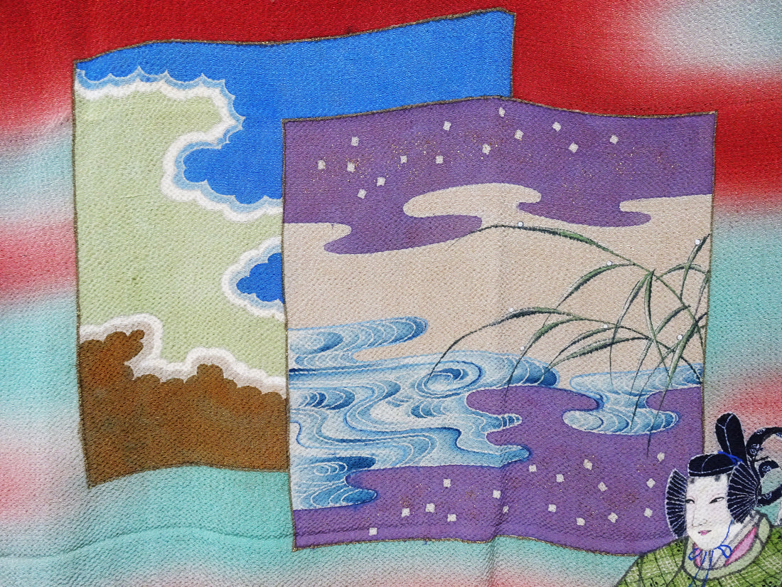 Japanese Vintage Showa Era Celebratory Large Furoshiki with Tale of Genji Design on Oni-Shibo Chirimen Silk  16345