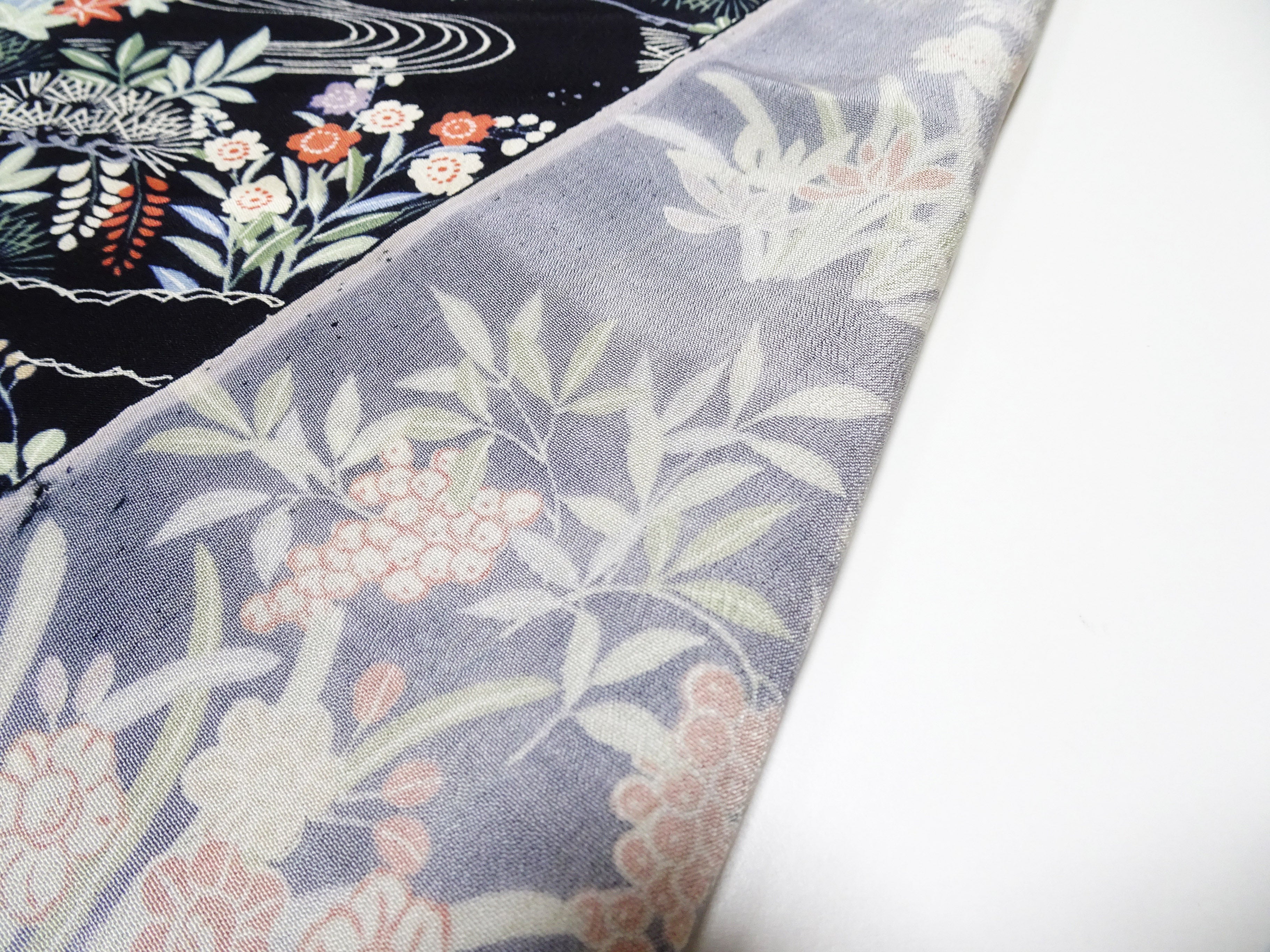 Japanese Antique Rayon Kimono Fabric Bolt Black Background with Flowing Water and Floral Pattern 18094
