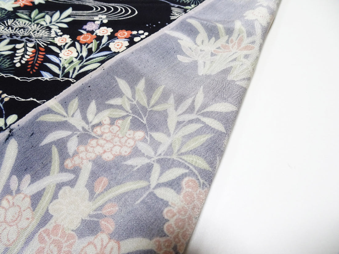 Japanese Antique Rayon Kimono Fabric Bolt Black Background with Flowing Water and Floral Pattern 18094