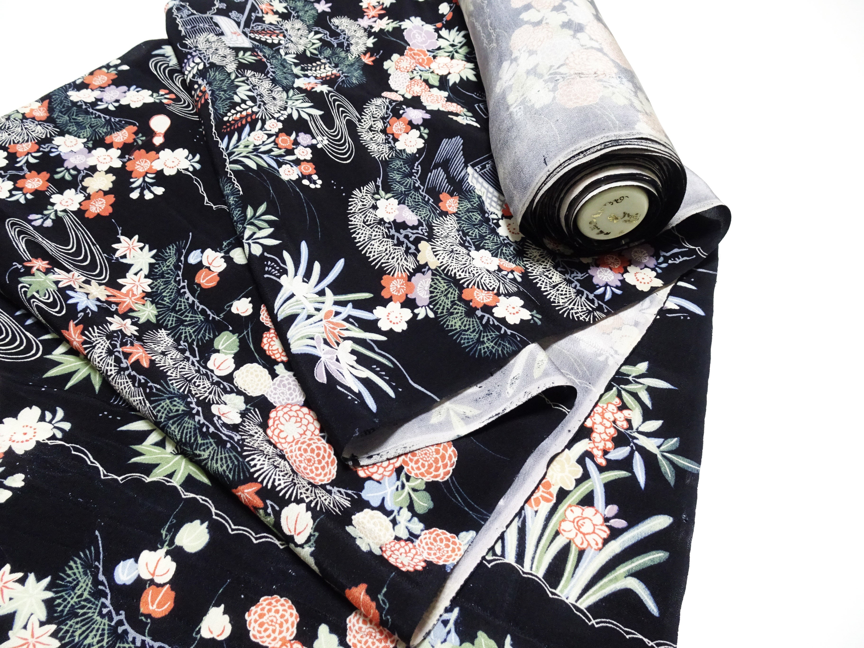 Japanese Antique Rayon Kimono Fabric Bolt Black Background with Flowing Water and Floral Pattern 18094