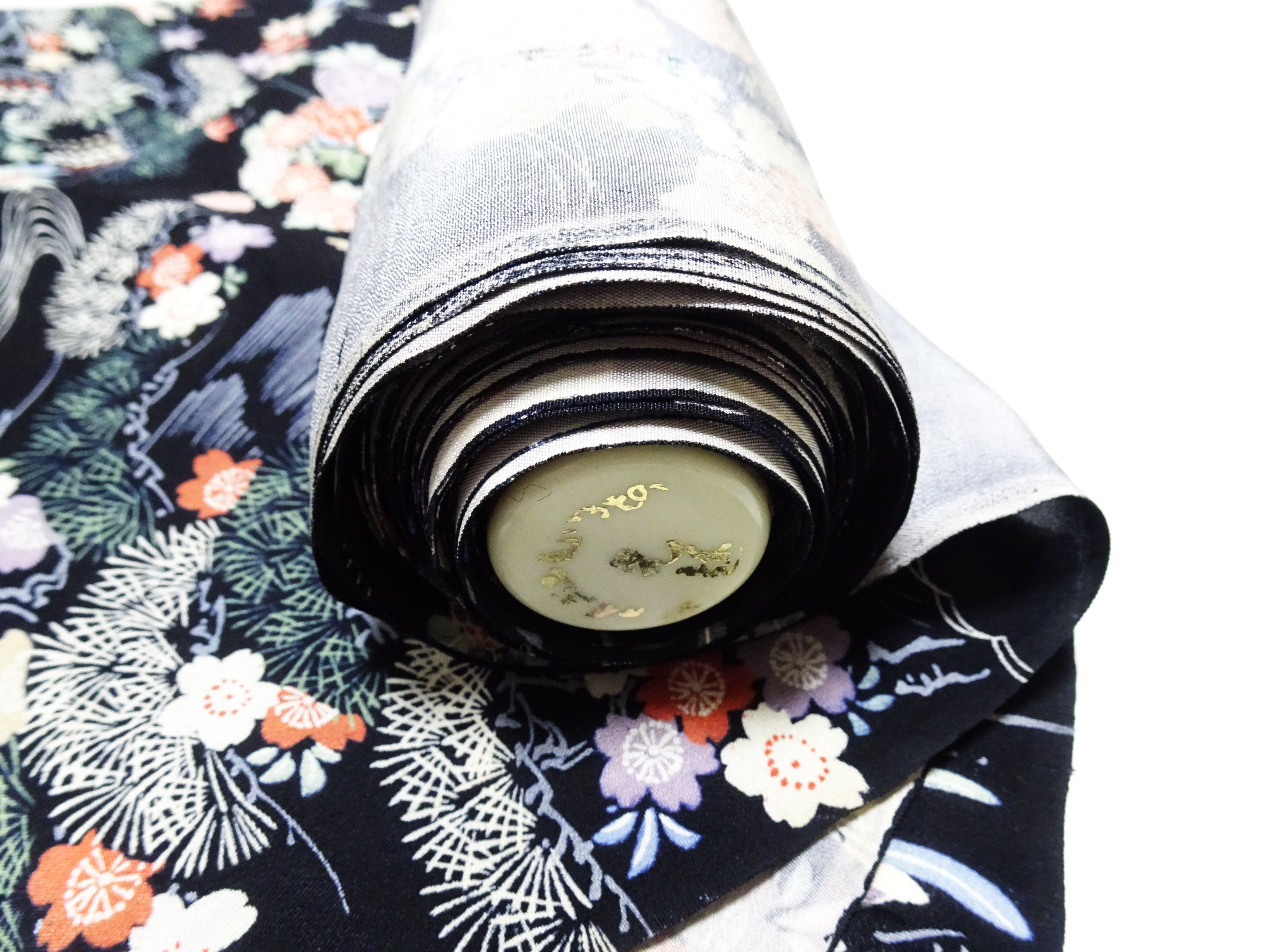 Japanese Antique Rayon Kimono Fabric Bolt Black Background with Flowing Water and Floral Pattern 18094