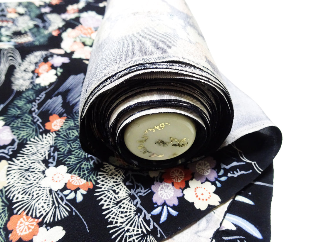 Japanese Antique Rayon Kimono Fabric Bolt Black Background with Flowing Water and Floral Pattern 18094