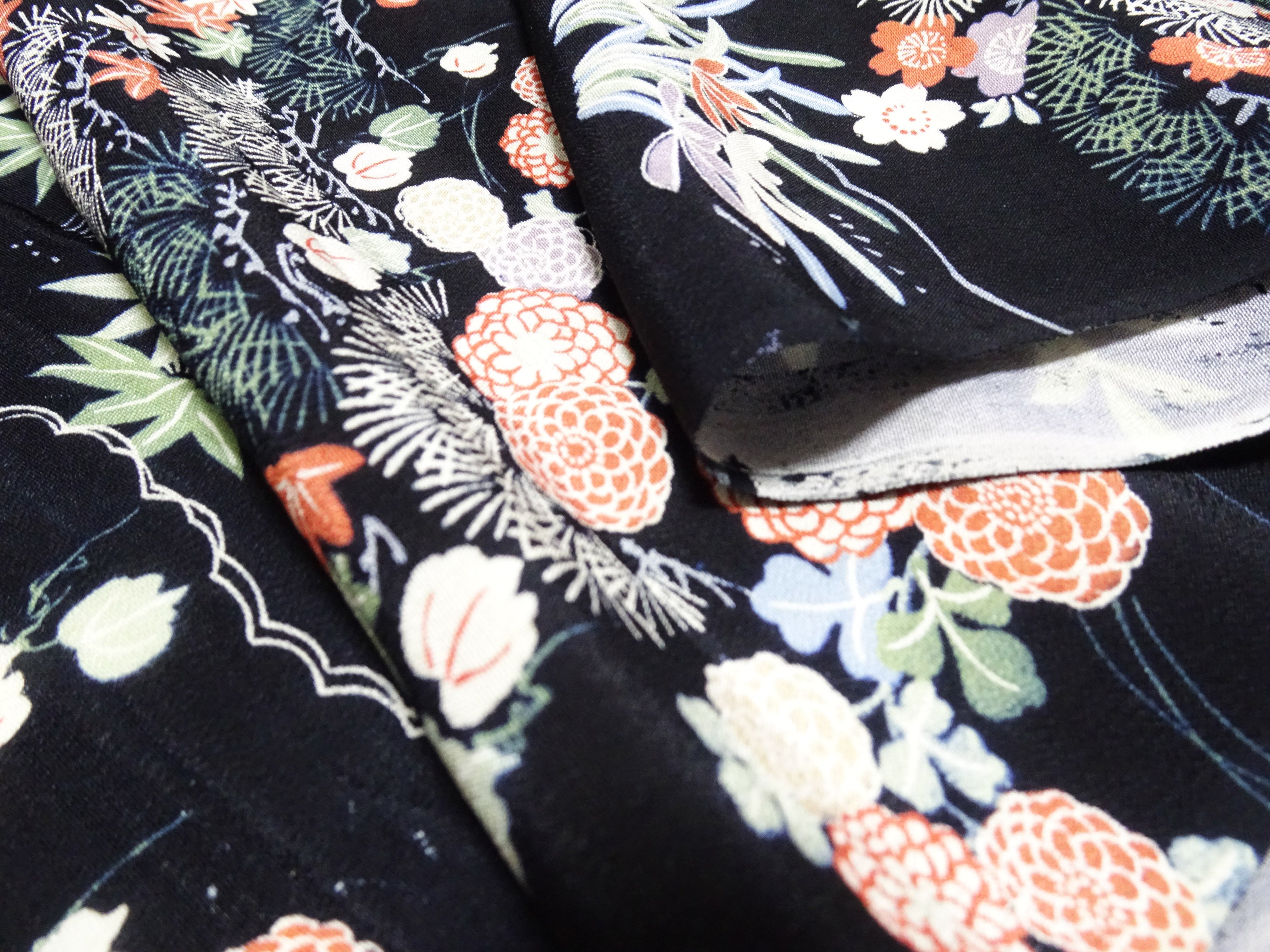 Japanese Antique Rayon Kimono Fabric Bolt Black Background with Flowing Water and Floral Pattern 18094