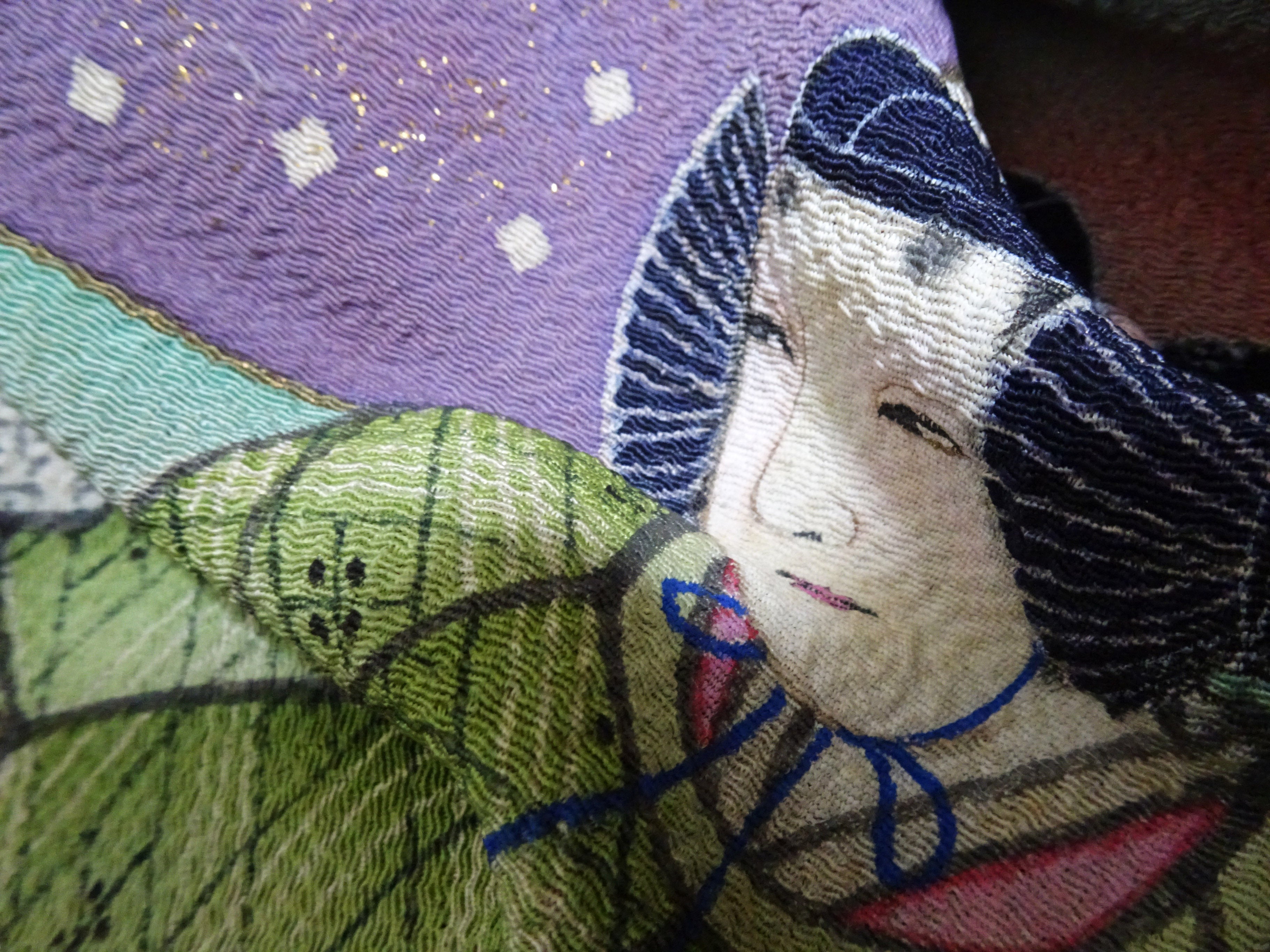 Japanese Vintage Showa Era Celebratory Large Furoshiki with Tale of Genji Design on Oni-Shibo Chirimen Silk  16345