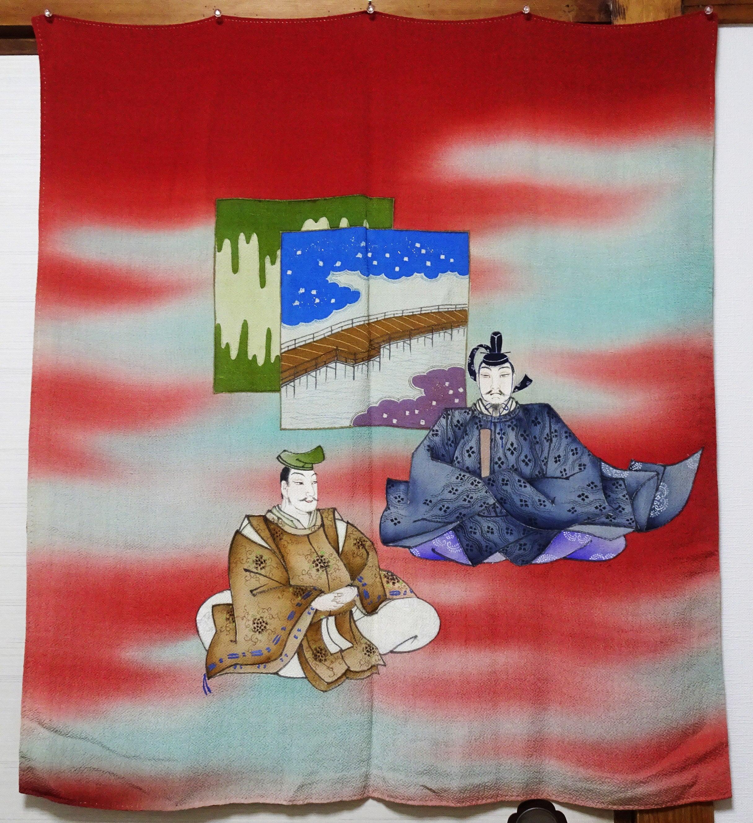 Japanese Vintage Showa Era Celebratory Large Furoshiki with Tale of Genji Design on Oni-Shibo Chirimen Silk  16346