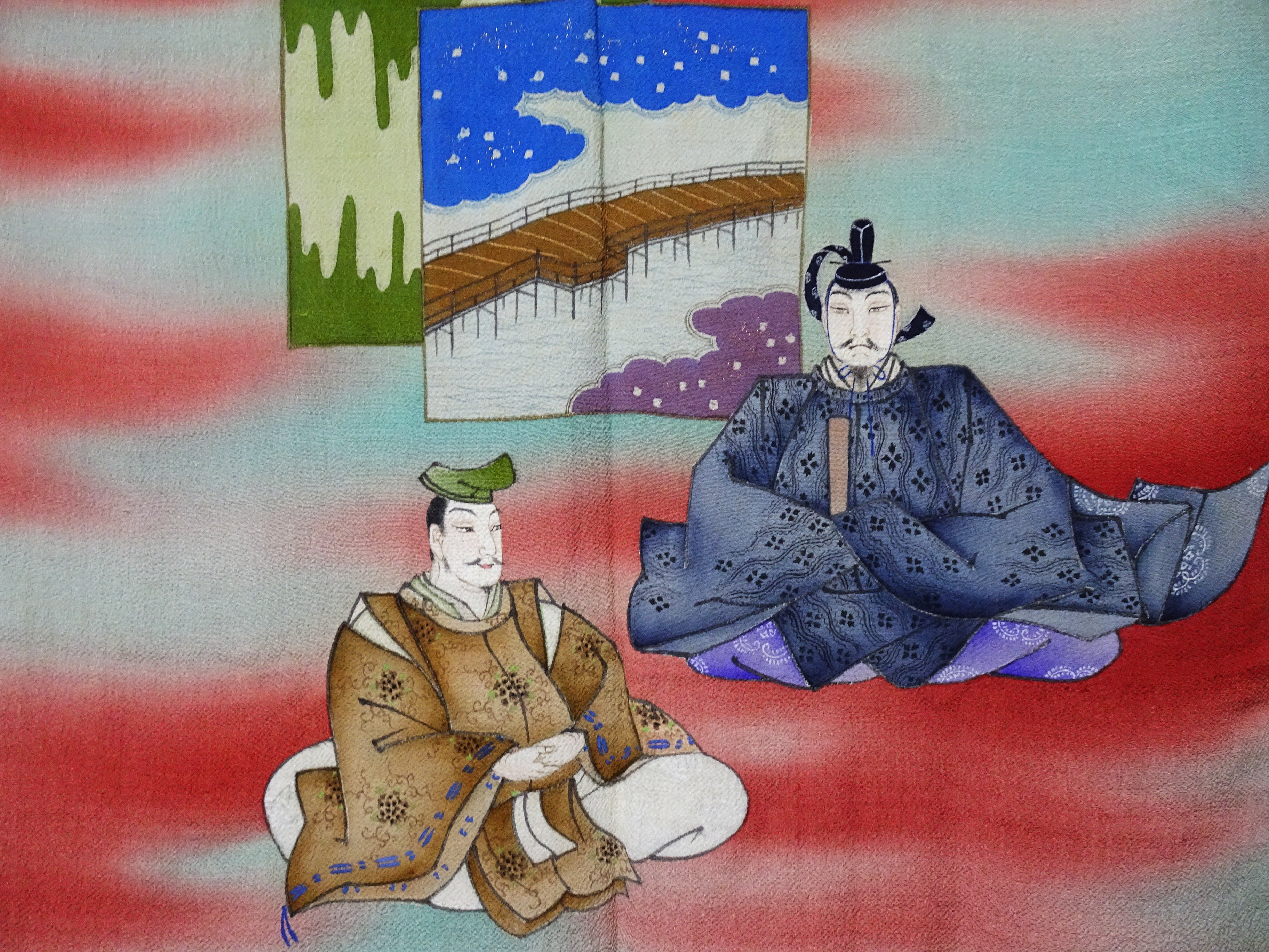 Japanese Vintage Showa Era Celebratory Large Furoshiki with Tale of Genji Design on Oni-Shibo Chirimen Silk  16346