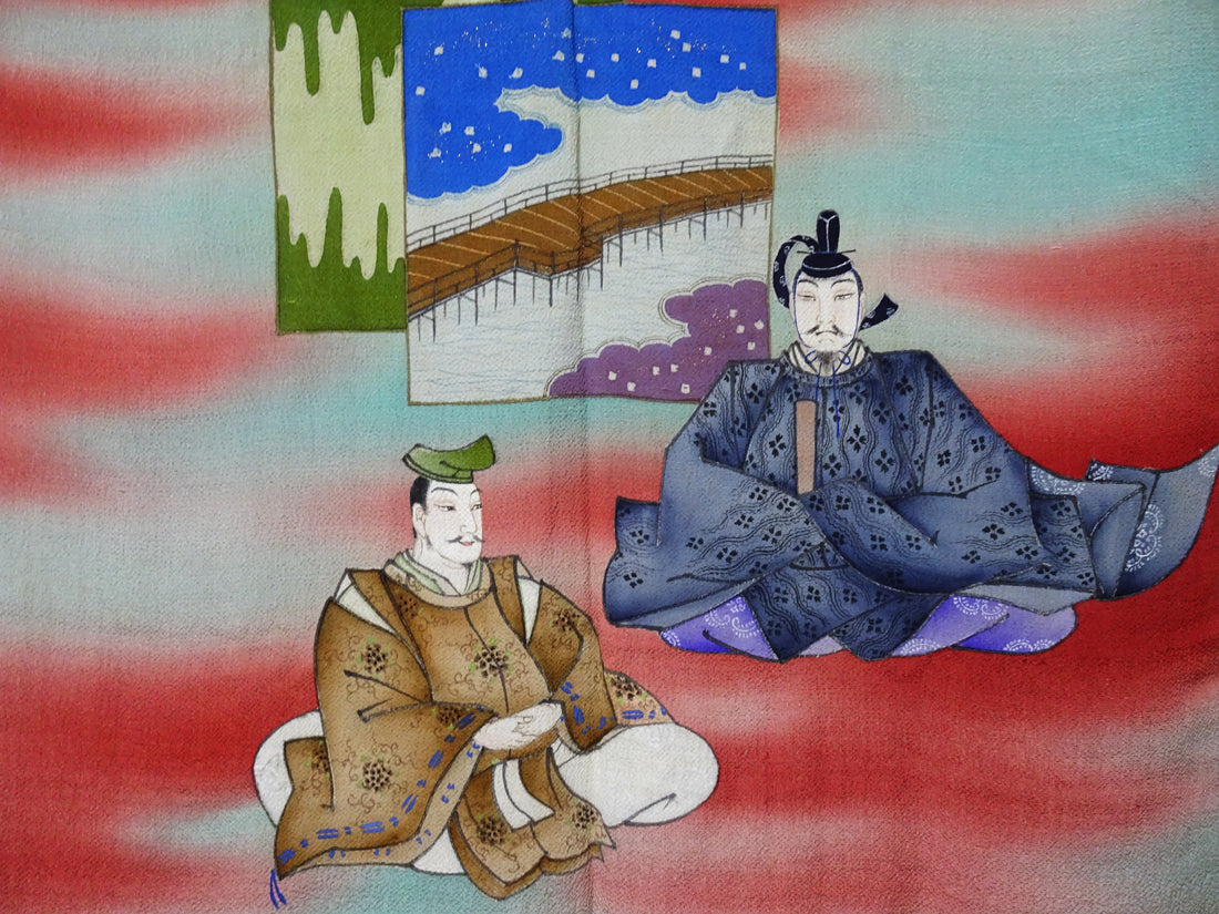 Japanese Vintage Showa Era Celebratory Large Furoshiki with Tale of Genji Design on Oni-Shibo Chirimen Silk  16346