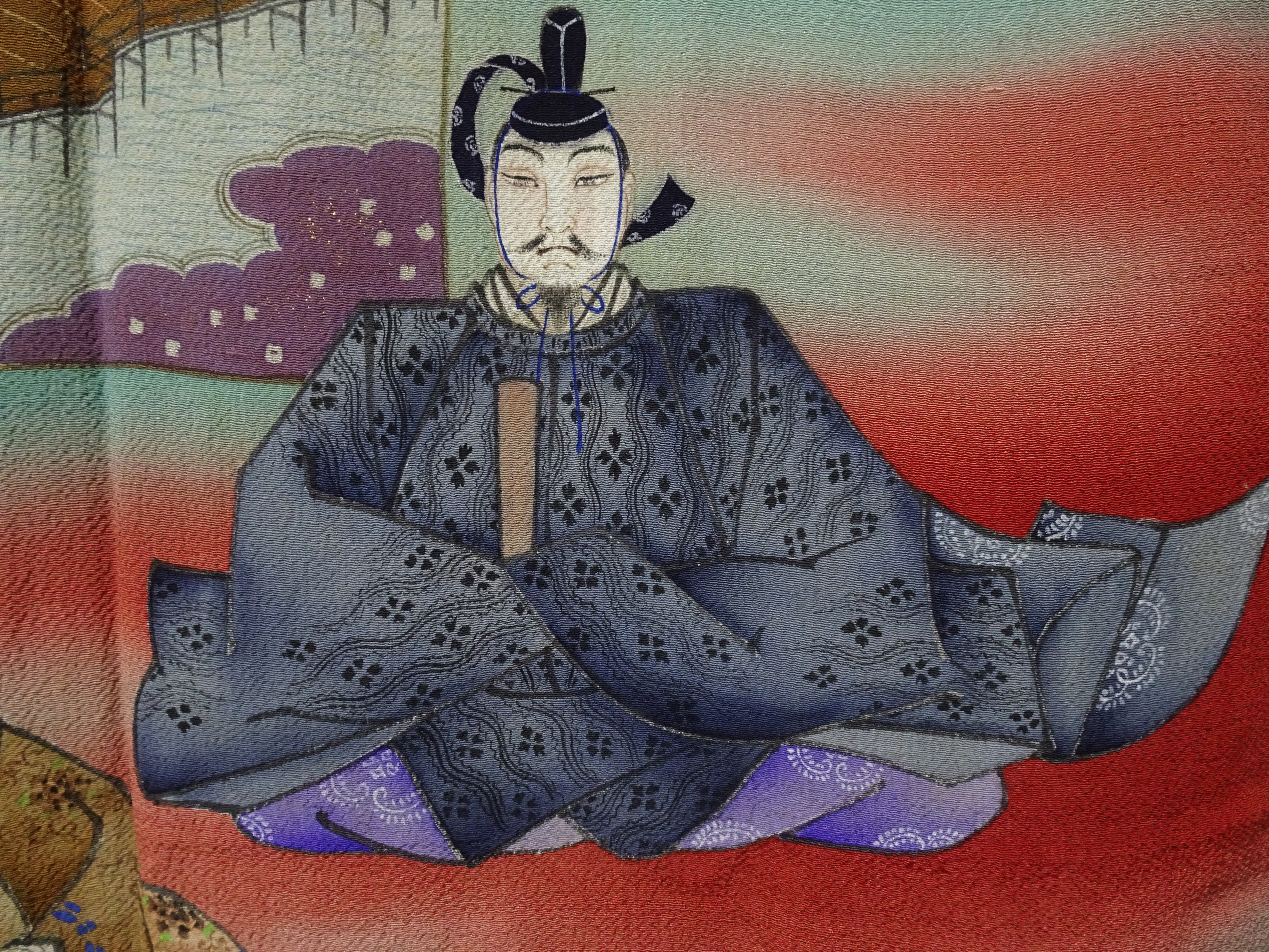Japanese Vintage Showa Era Celebratory Large Furoshiki with Tale of Genji Design on Oni-Shibo Chirimen Silk  16346