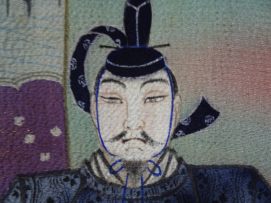 Japanese Vintage Showa Era Celebratory Large Furoshiki with Tale of Genji Design on Oni-Shibo Chirimen Silk  16346