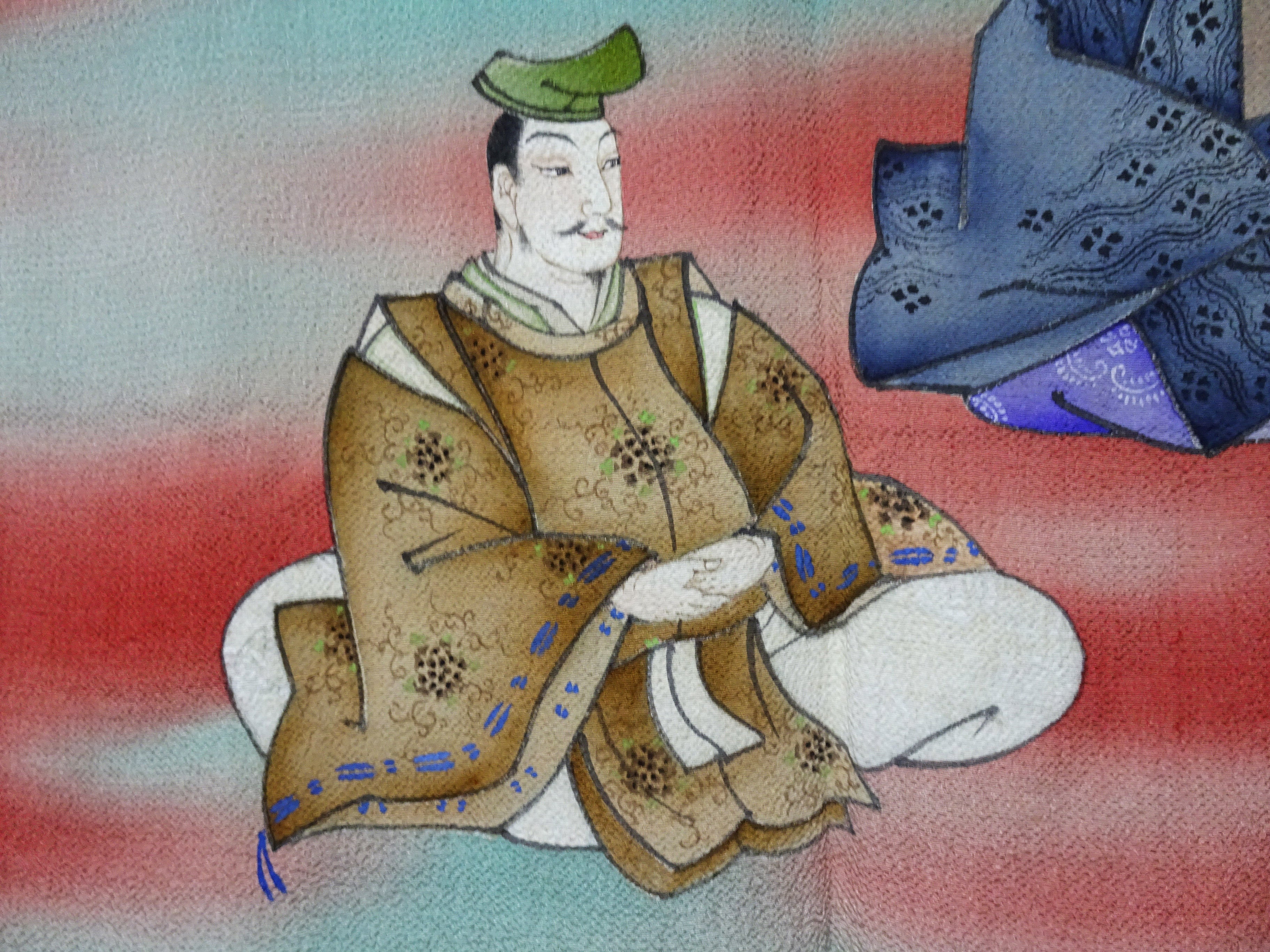 Japanese Vintage Showa Era Celebratory Large Furoshiki with Tale of Genji Design on Oni-Shibo Chirimen Silk  16346