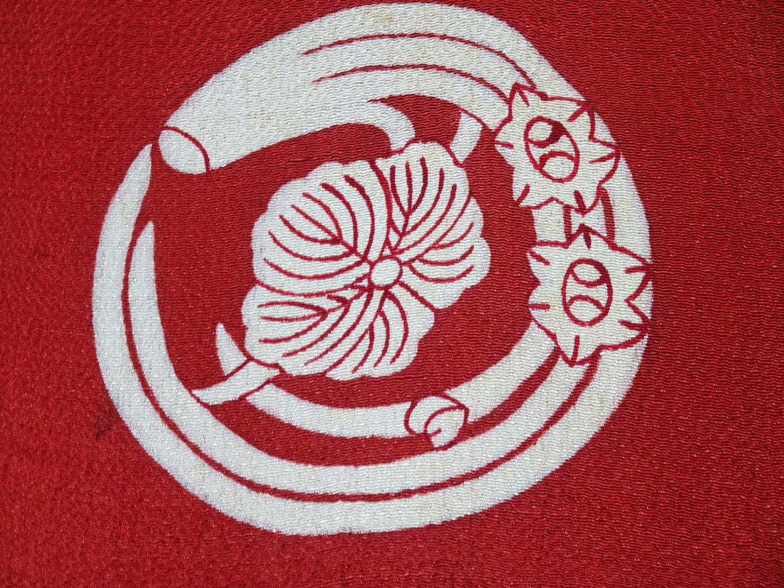 Japanese Vintage Showa Era Celebratory Large Furoshiki with Tale of Genji Design on Oni-Shibo Chirimen Silk  16346