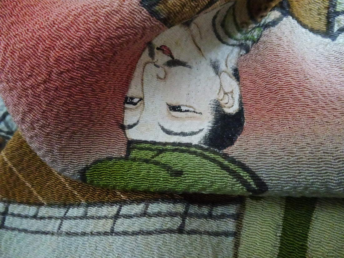 Japanese Vintage Showa Era Celebratory Large Furoshiki with Tale of Genji Design on Oni-Shibo Chirimen Silk  16346