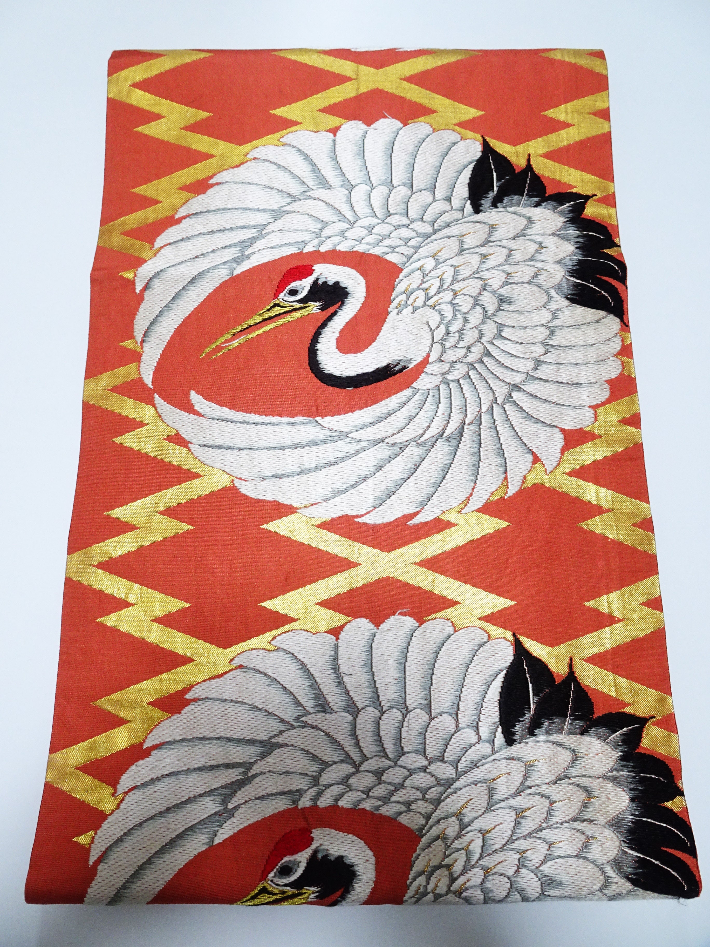 Japanese Antique Maru Obi – Double-Sided All-Over Design  Crane Motif  18096