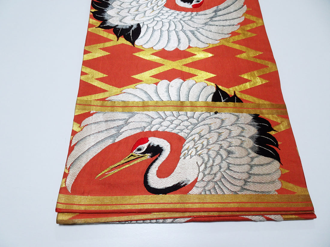 Japanese Antique Maru Obi – Double-Sided All-Over Design  Crane Motif  18096