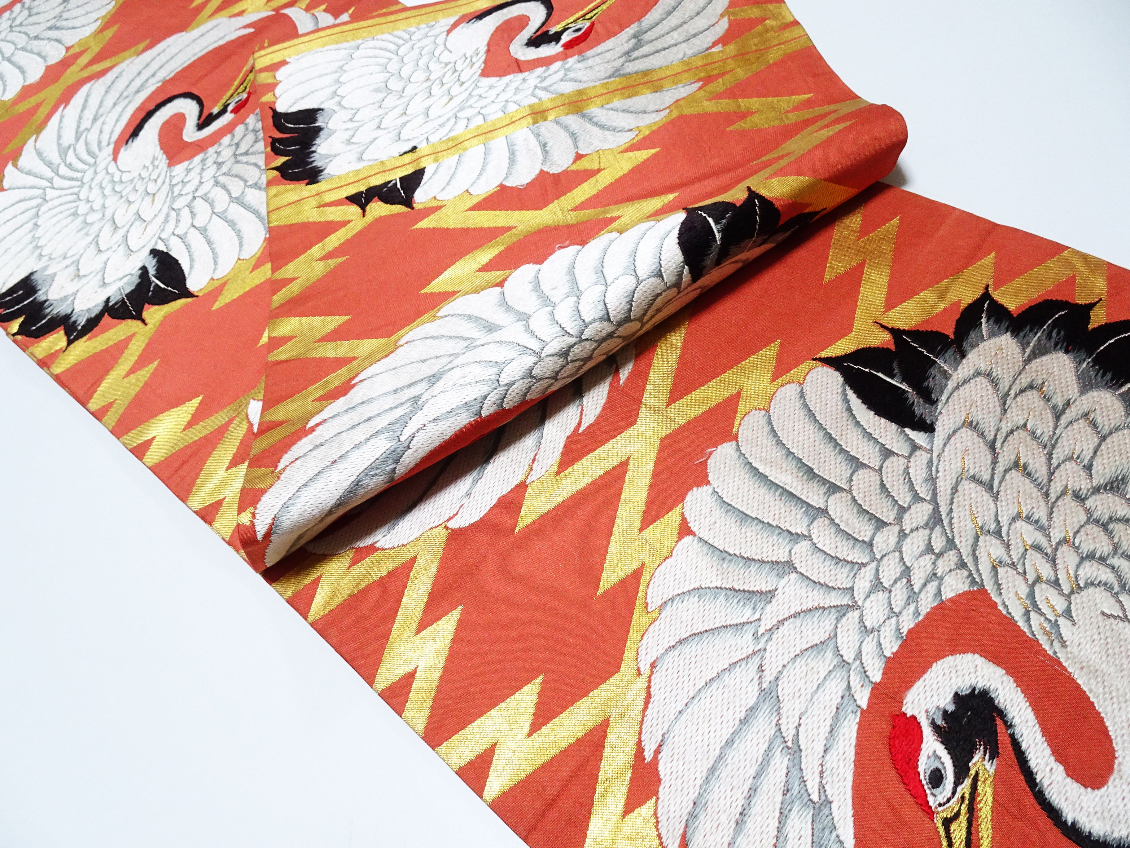 Japanese Antique Maru Obi – Double-Sided All-Over Design  Crane Motif  18096