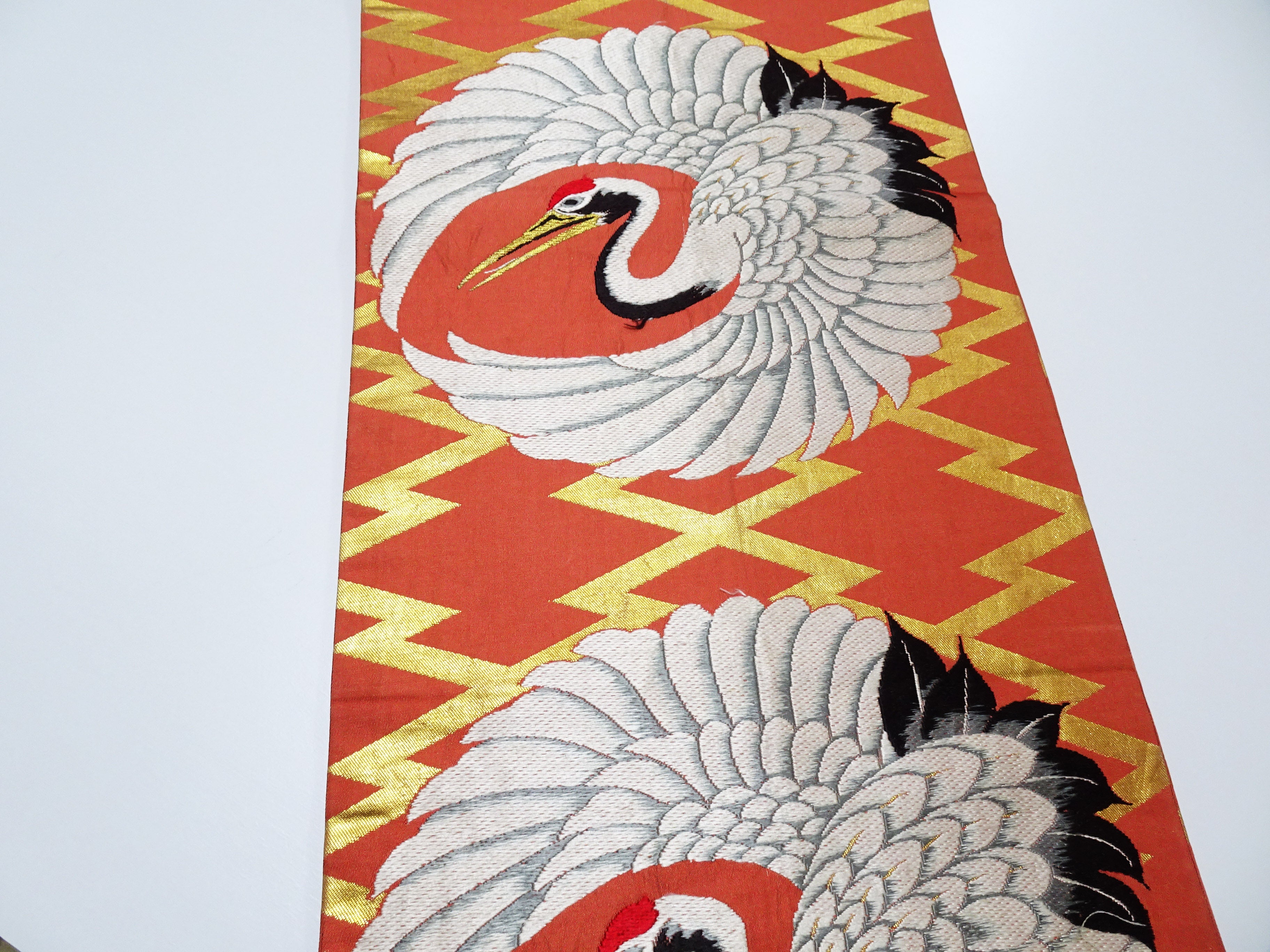 Japanese Antique Maru Obi – Double-Sided All-Over Design  Crane Motif  18096