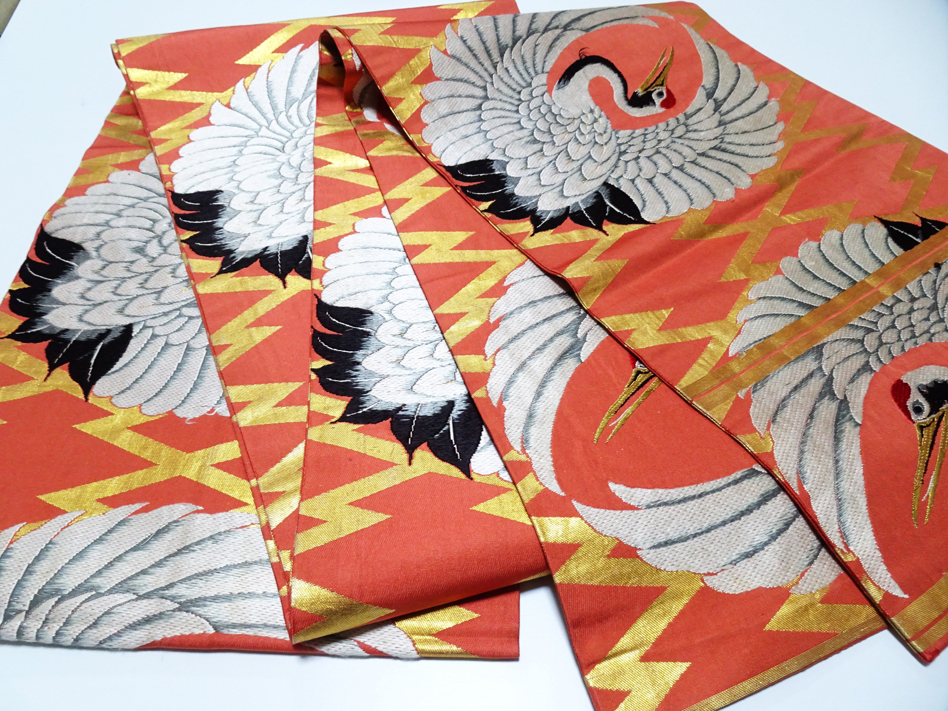 Japanese Antique Maru Obi – Double-Sided All-Over Design  Crane Motif  18096