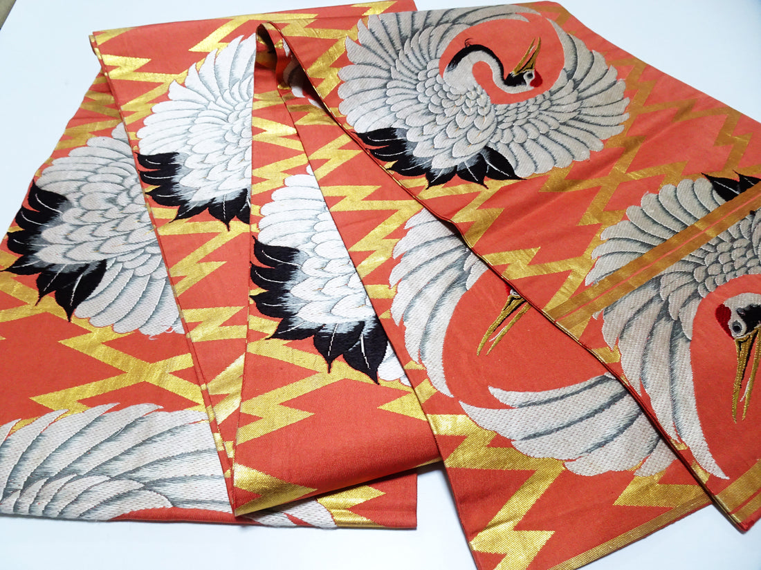 Japanese Antique Maru Obi – Double-Sided All-Over Design  Crane Motif  18096