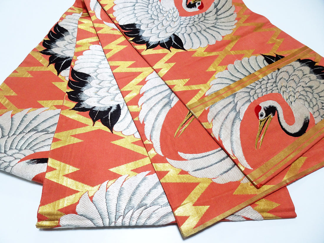 Japanese Antique Maru Obi – Double-Sided All-Over Design  Crane Motif  18096