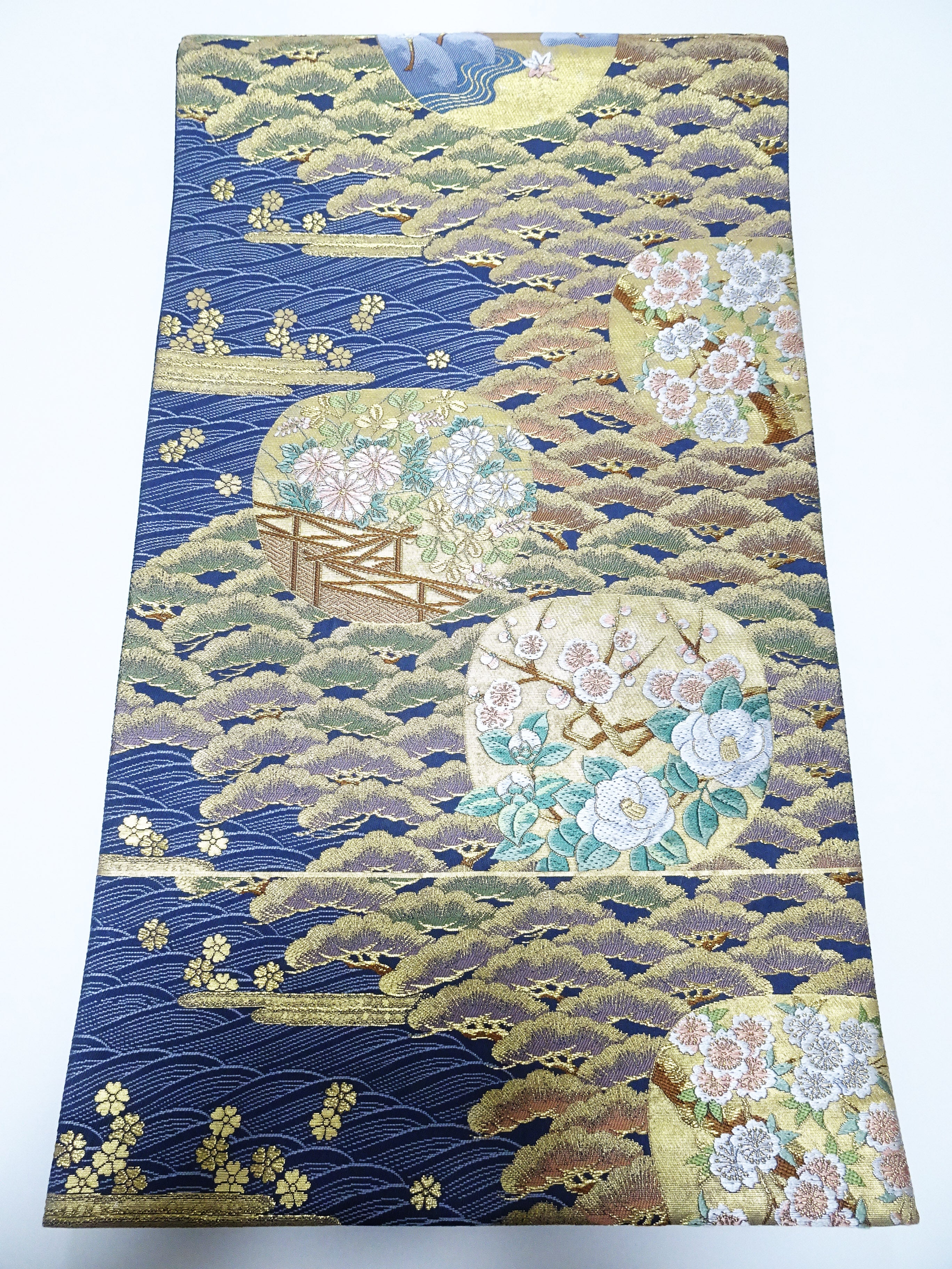 Japanese Kimono Silk Fukuro Obi Pine and Waves Elegant Woven Pattern 18097