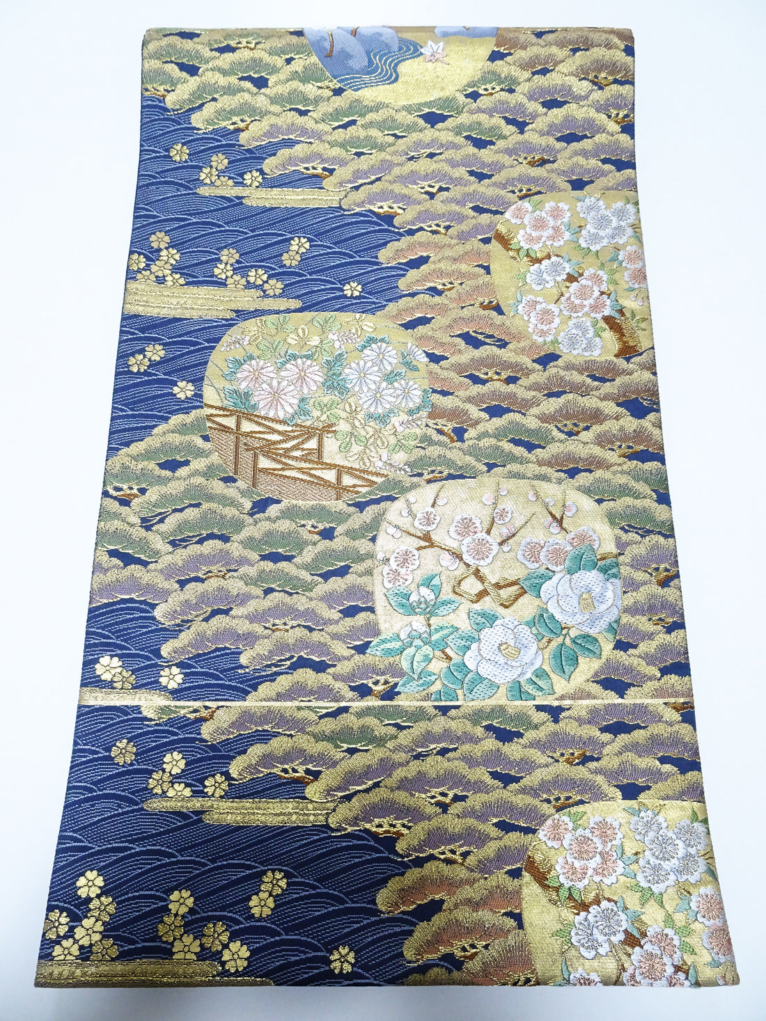 Japanese Kimono Silk Fukuro Obi Pine and Waves Elegant Woven Pattern 18097