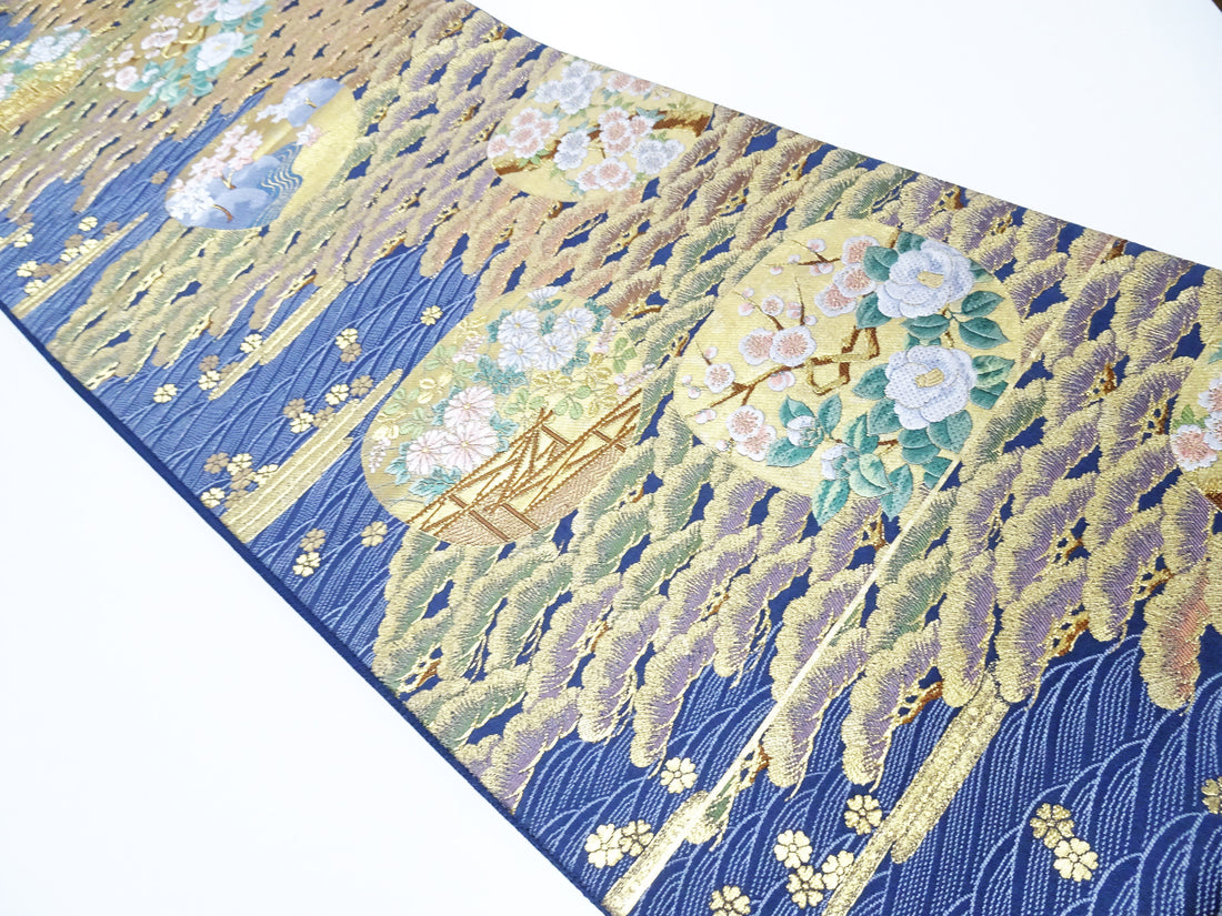 Japanese Kimono Silk Fukuro Obi Pine and Waves Elegant Woven Pattern 18097