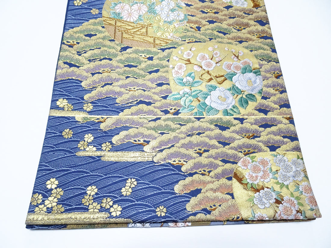 Japanese Kimono Silk Fukuro Obi Pine and Waves Elegant Woven Pattern 18097