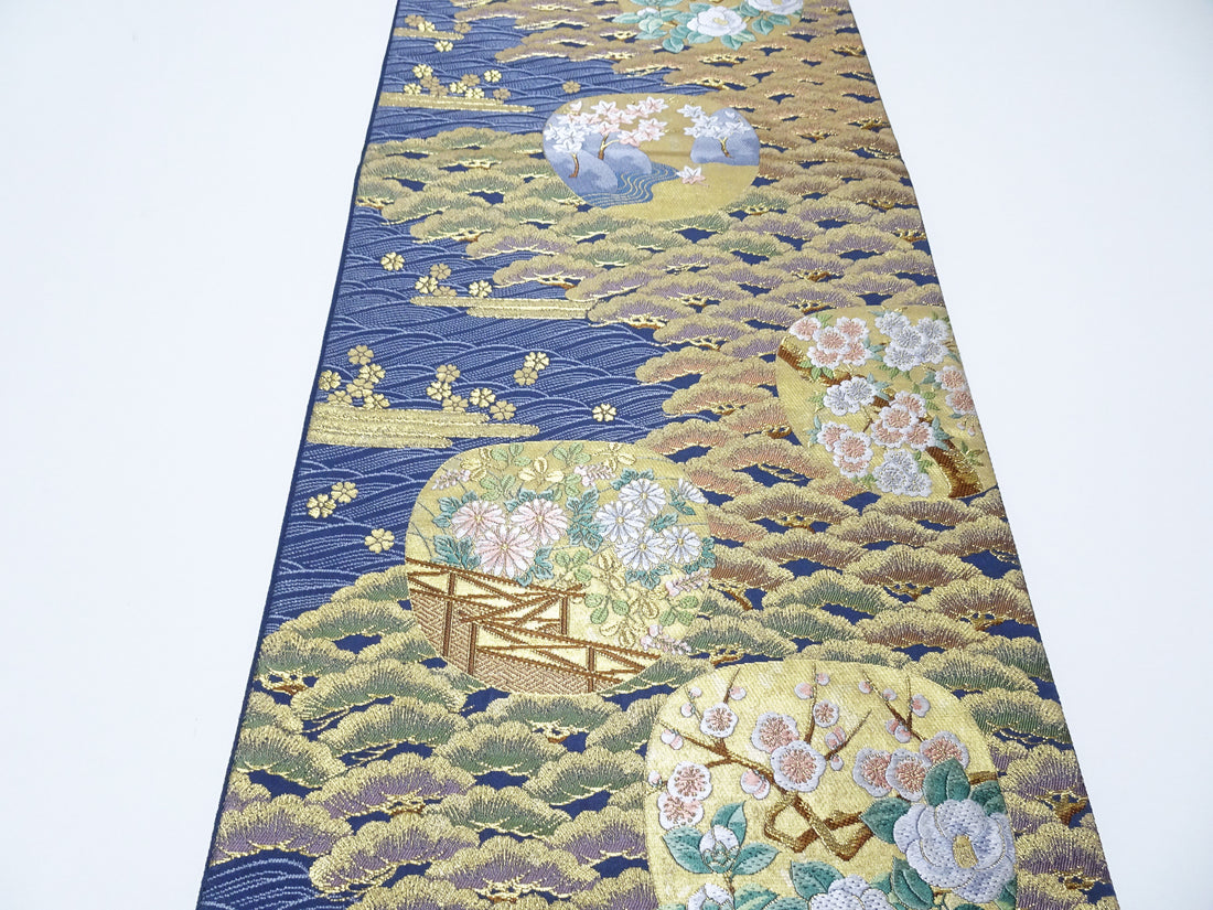 Japanese Kimono Silk Fukuro Obi Pine and Waves Elegant Woven Pattern 18097