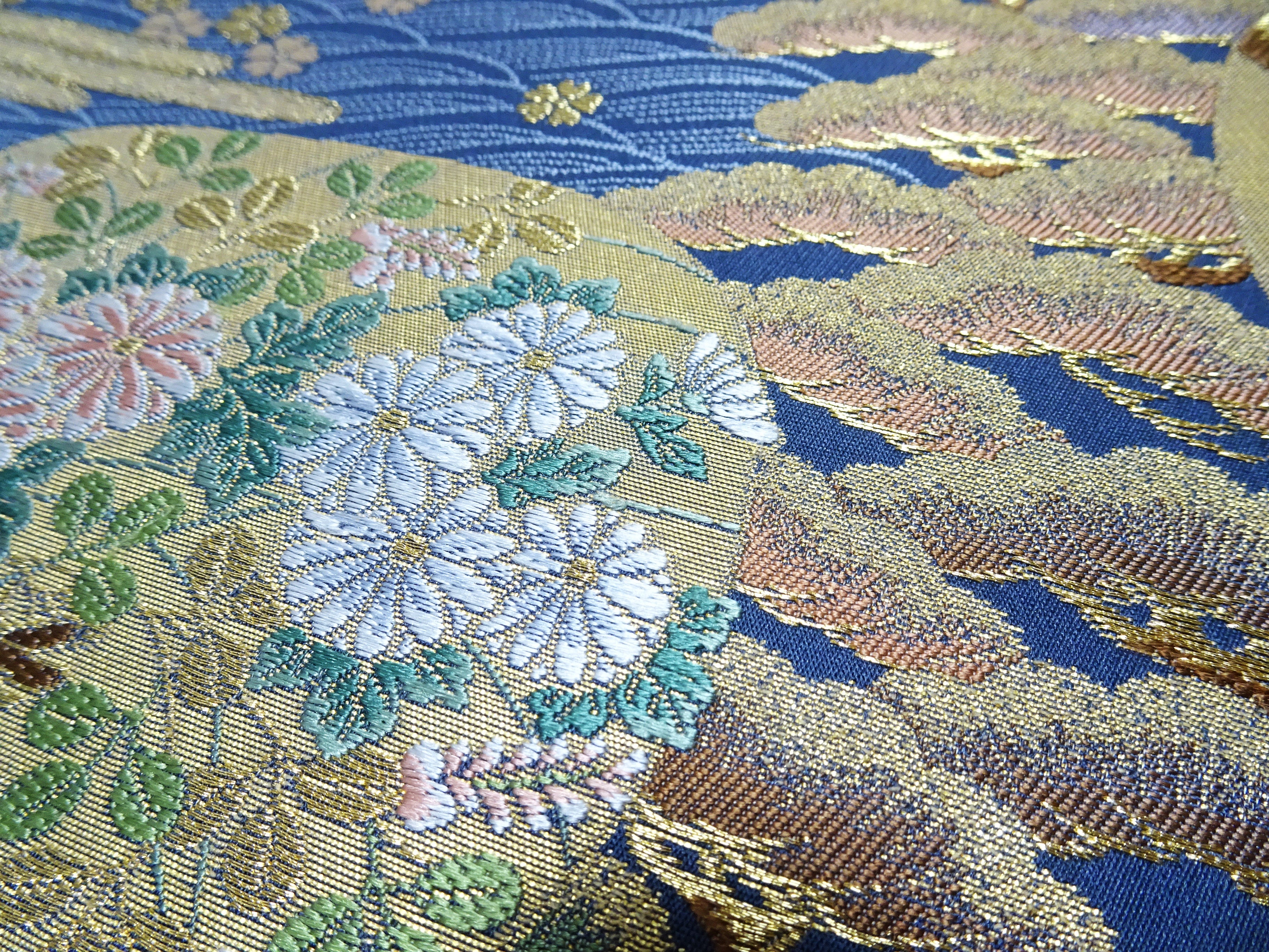Japanese Kimono Silk Fukuro Obi Pine and Waves Elegant Woven Pattern 18097