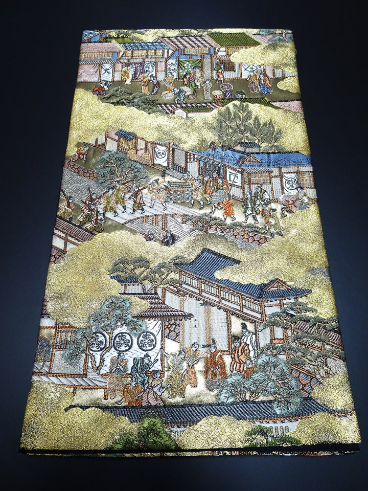 Japanese Kimono Silk Fukuro Obi Rakuchu Rakugai Elegant Woven Pattern 17514