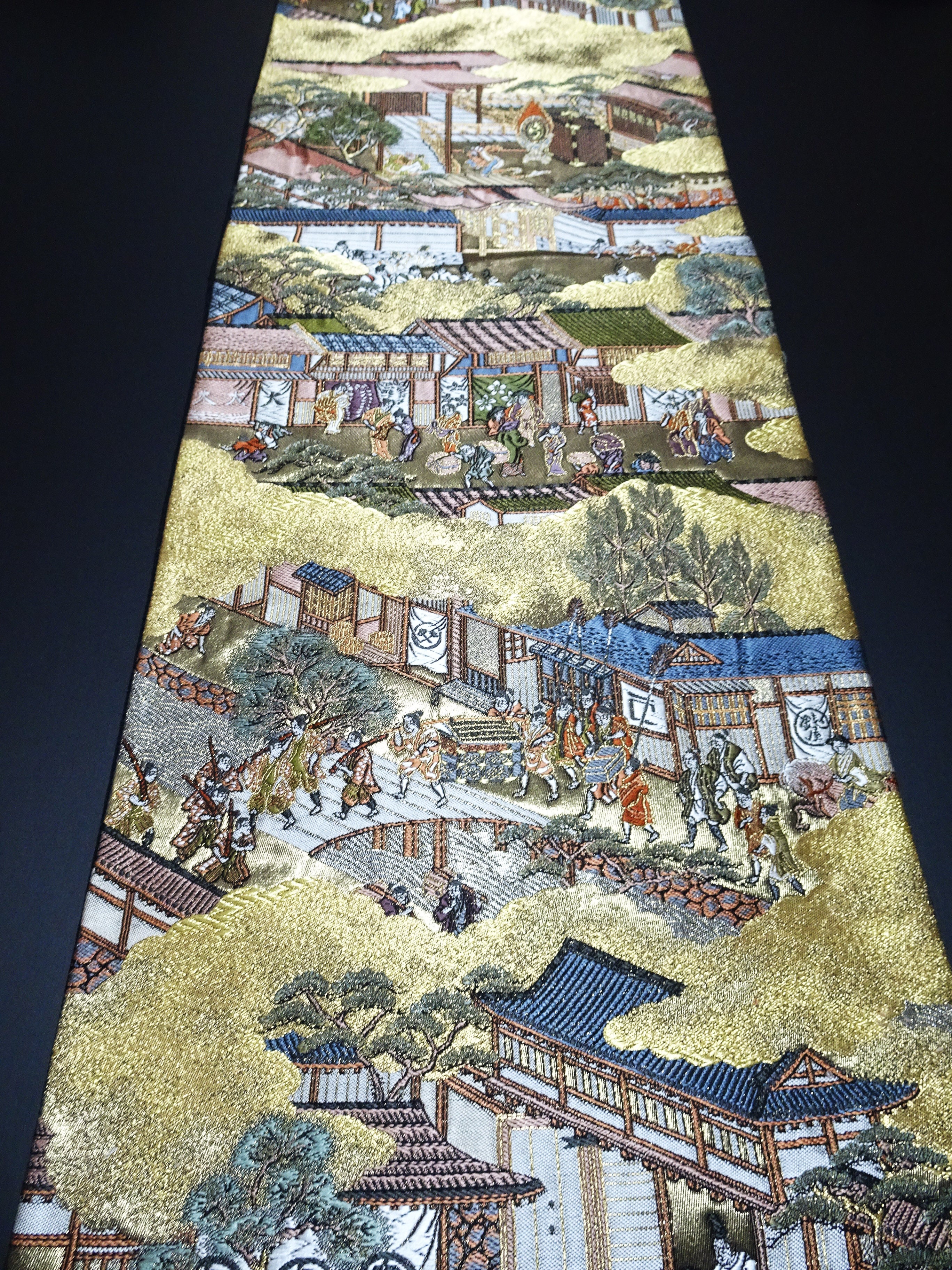 Japanese Kimono Silk Fukuro Obi Rakuchu Rakugai Elegant Woven Pattern 17514