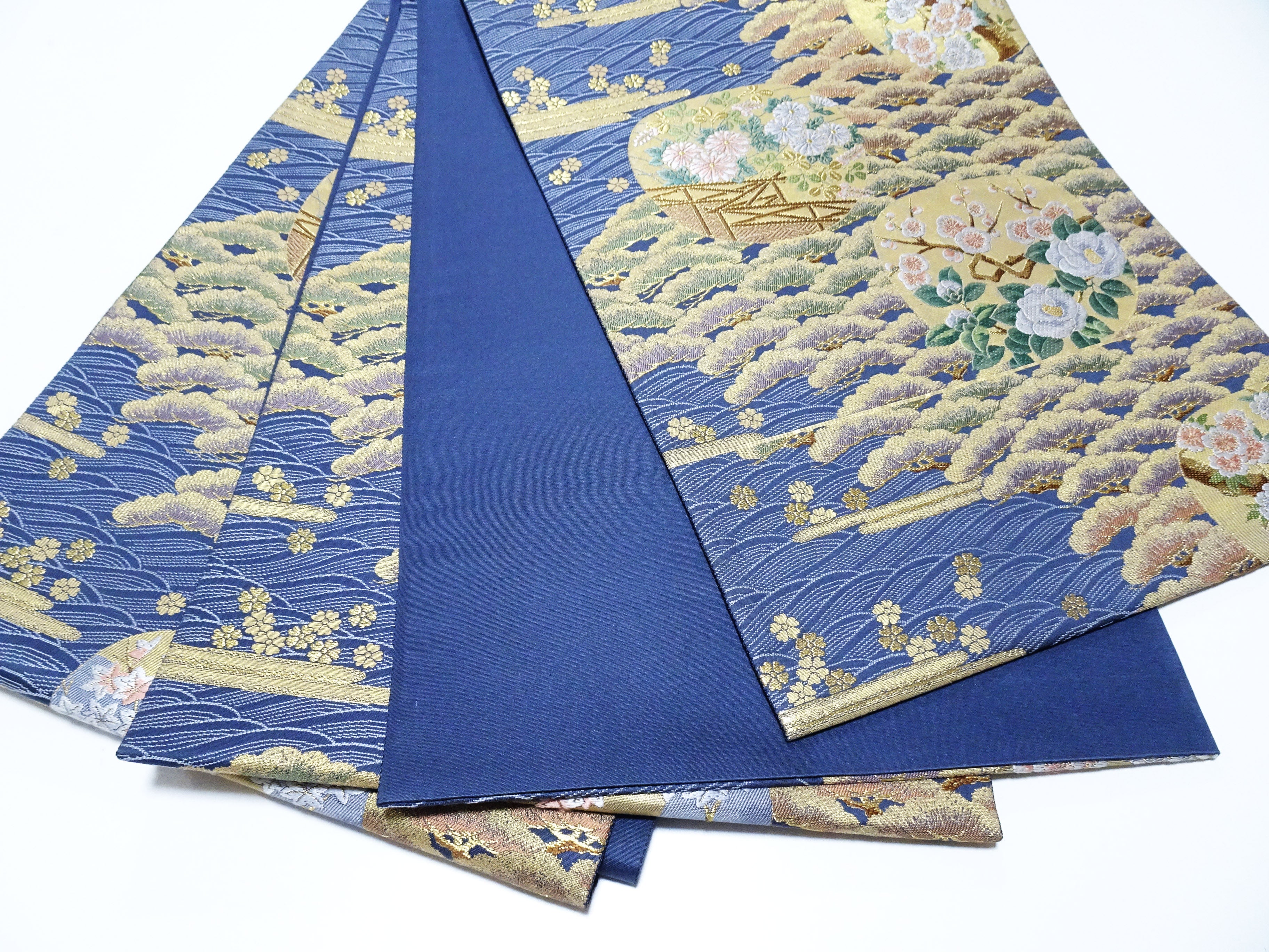 Japanese Kimono Silk Fukuro Obi Pine and Waves Elegant Woven Pattern 18097