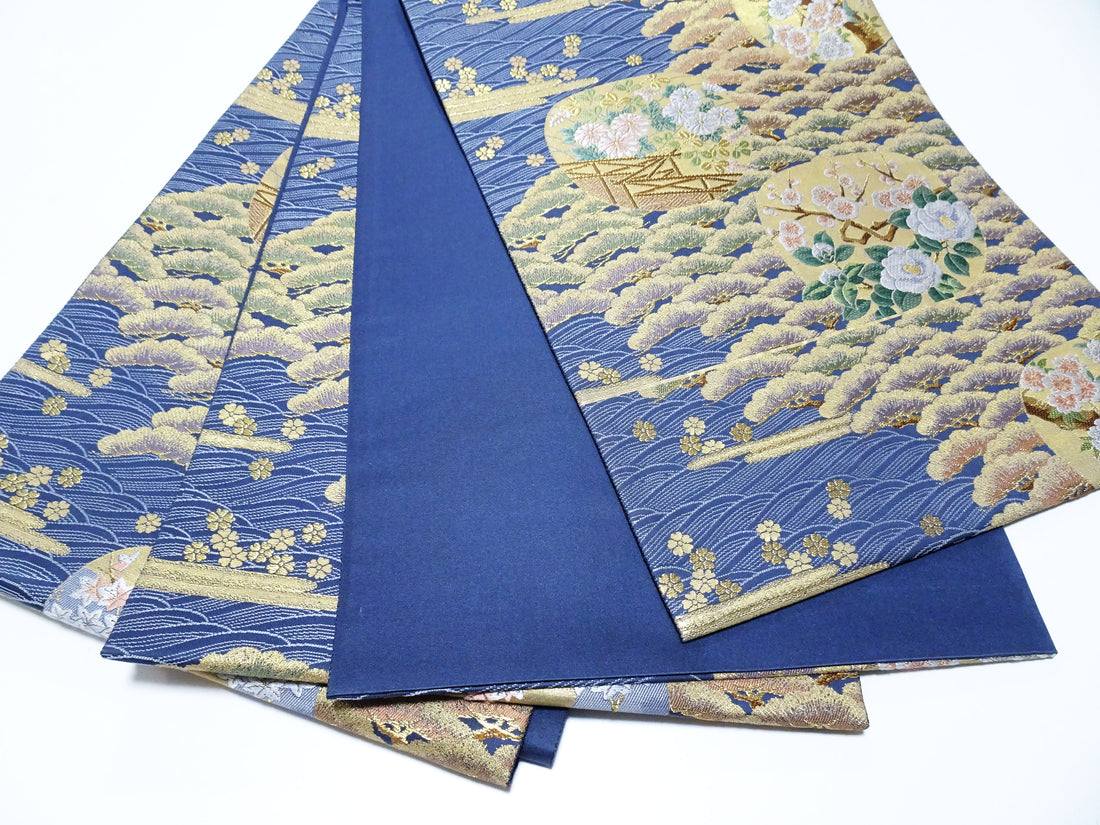 Japanese Kimono Silk Fukuro Obi Pine and Waves Elegant Woven Pattern 18097