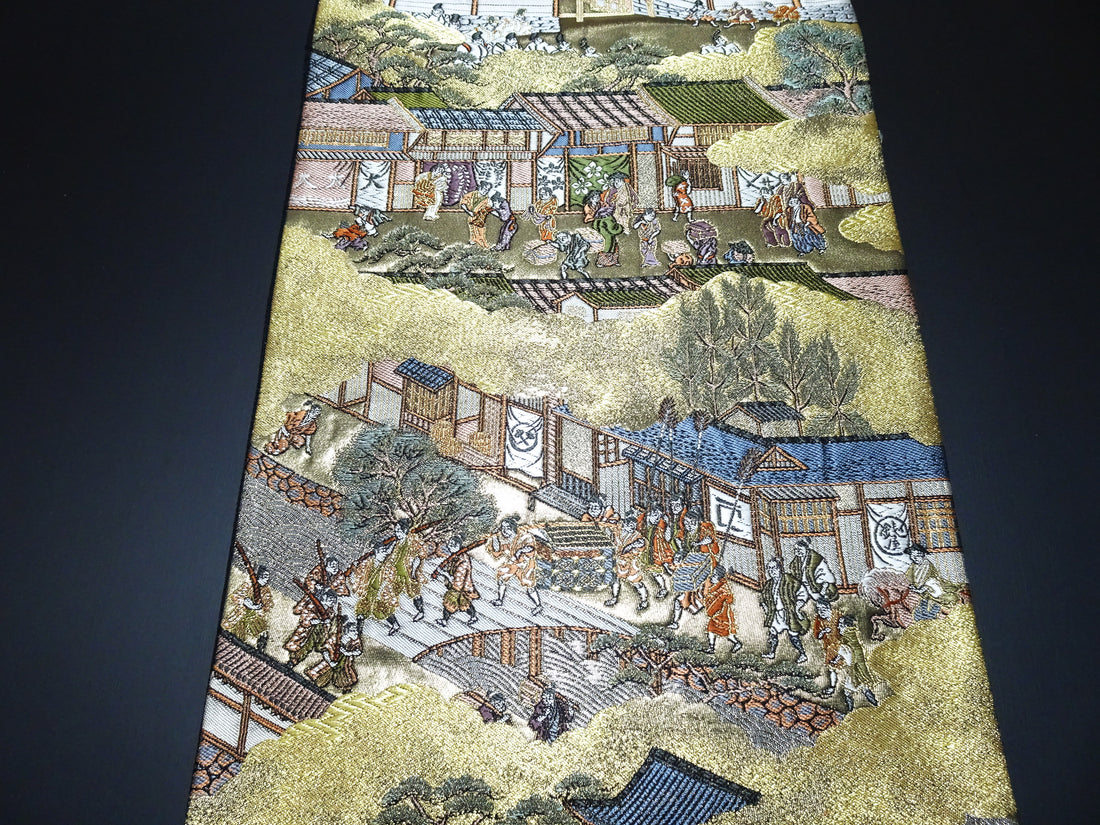Japanese Kimono Silk Fukuro Obi Rakuchu Rakugai Elegant Woven Pattern 17514