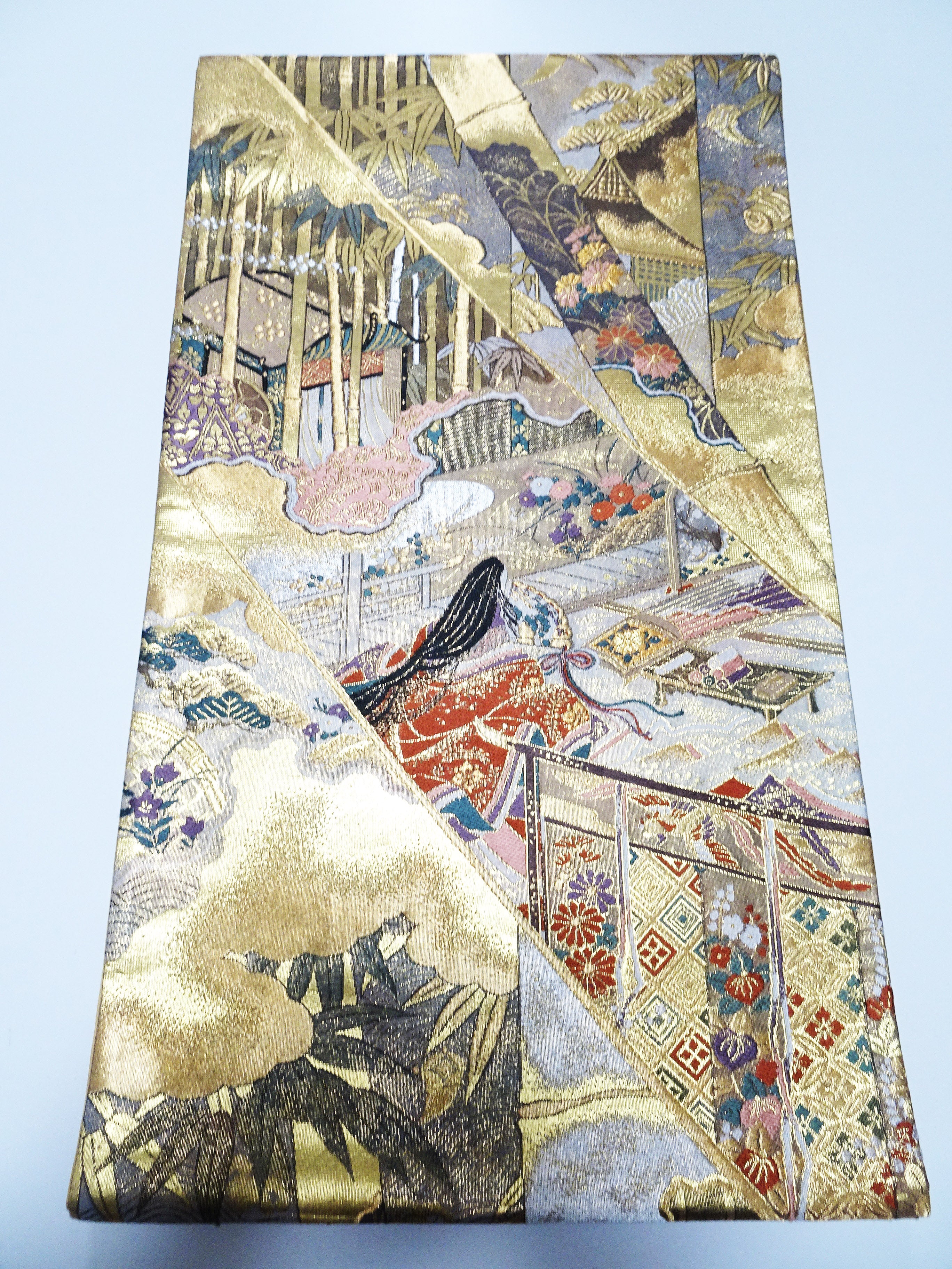 Japanese Kimono Silk Fukuro Obi Full-Length Pattern Featuring Heian Court Figures and Landscapes  18098