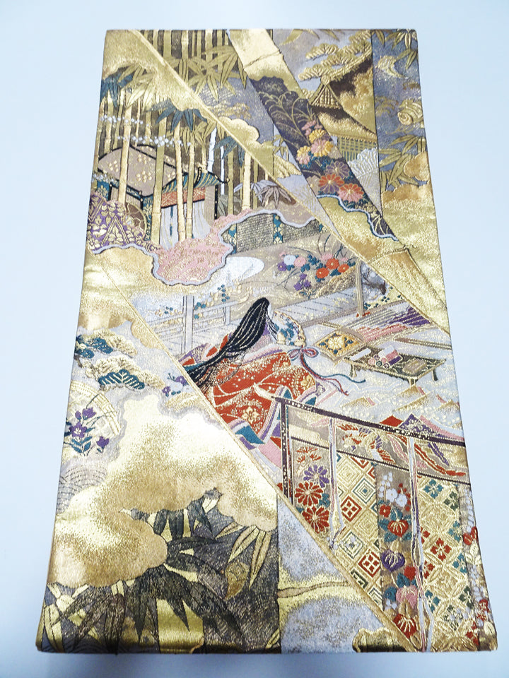 Japanese Kimono Silk Fukuro Obi Full-Length Pattern Featuring Heian Court Figures and Landscapes  18098