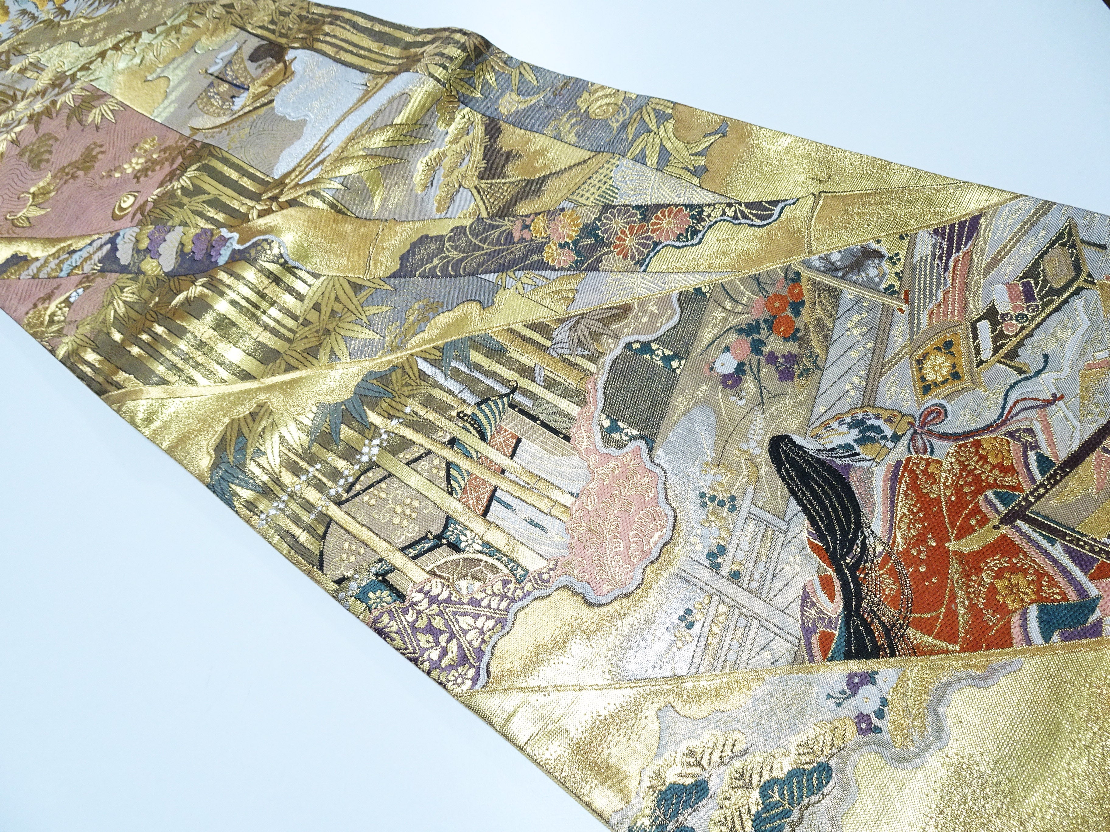 Japanese Kimono Silk Fukuro Obi Full-Length Pattern Featuring Heian Court Figures and Landscapes  18098