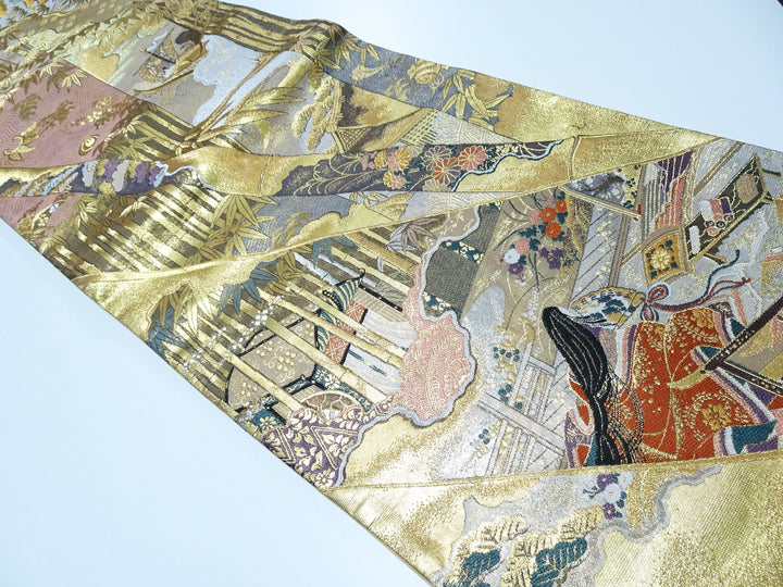 Japanese Kimono Silk Fukuro Obi Full-Length Pattern Featuring Heian Court Figures and Landscapes  18098