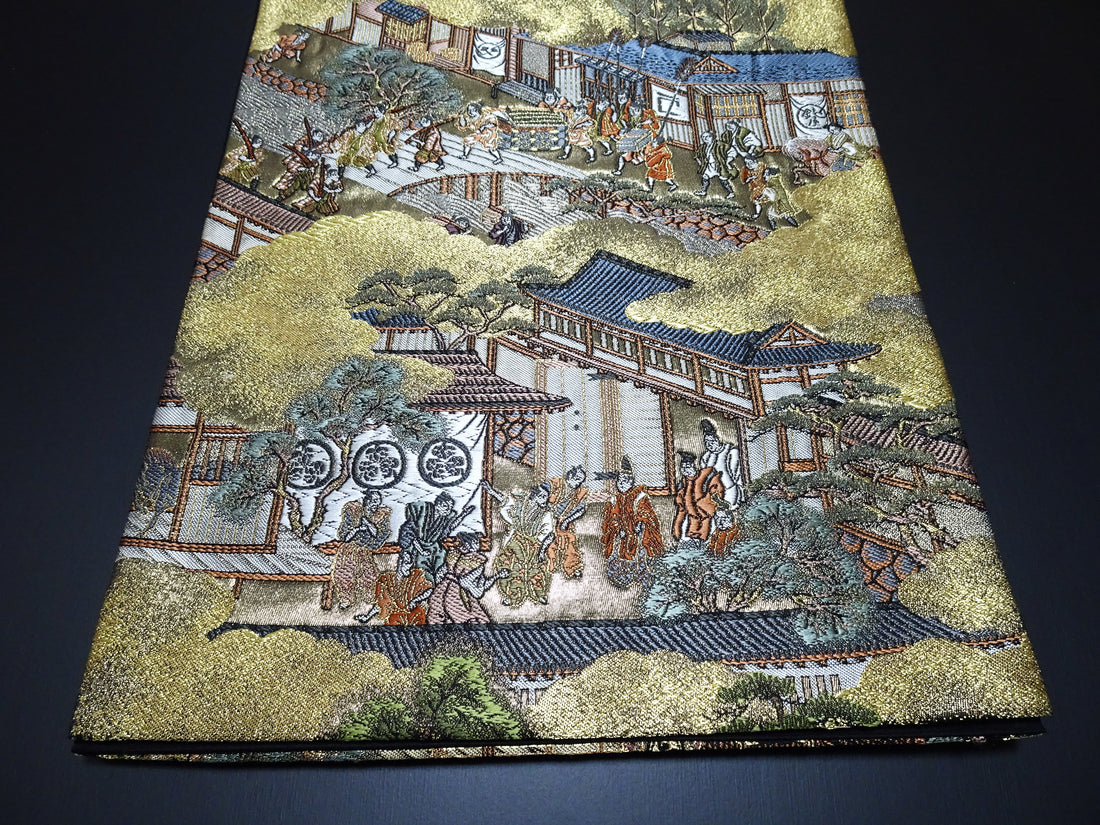 Japanese Kimono Silk Fukuro Obi Rakuchu Rakugai Elegant Woven Pattern 17514